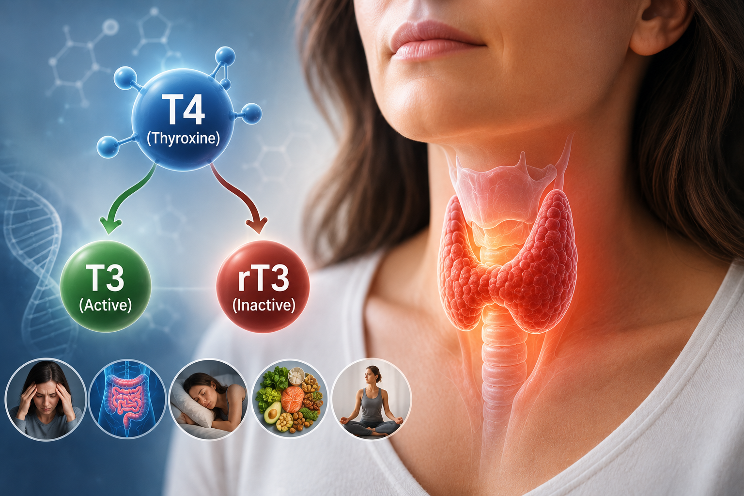 Reverse T3 thyroid hormone conversion illustration showing the thyroid gland in the neck.