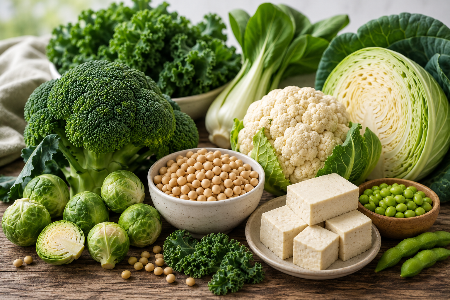 Fresh broccoli, kale, cabbage, cauliflower, Brussels sprouts, soybeans, and tofu illustrating common goitrogenic foods that may affect thyroid health.