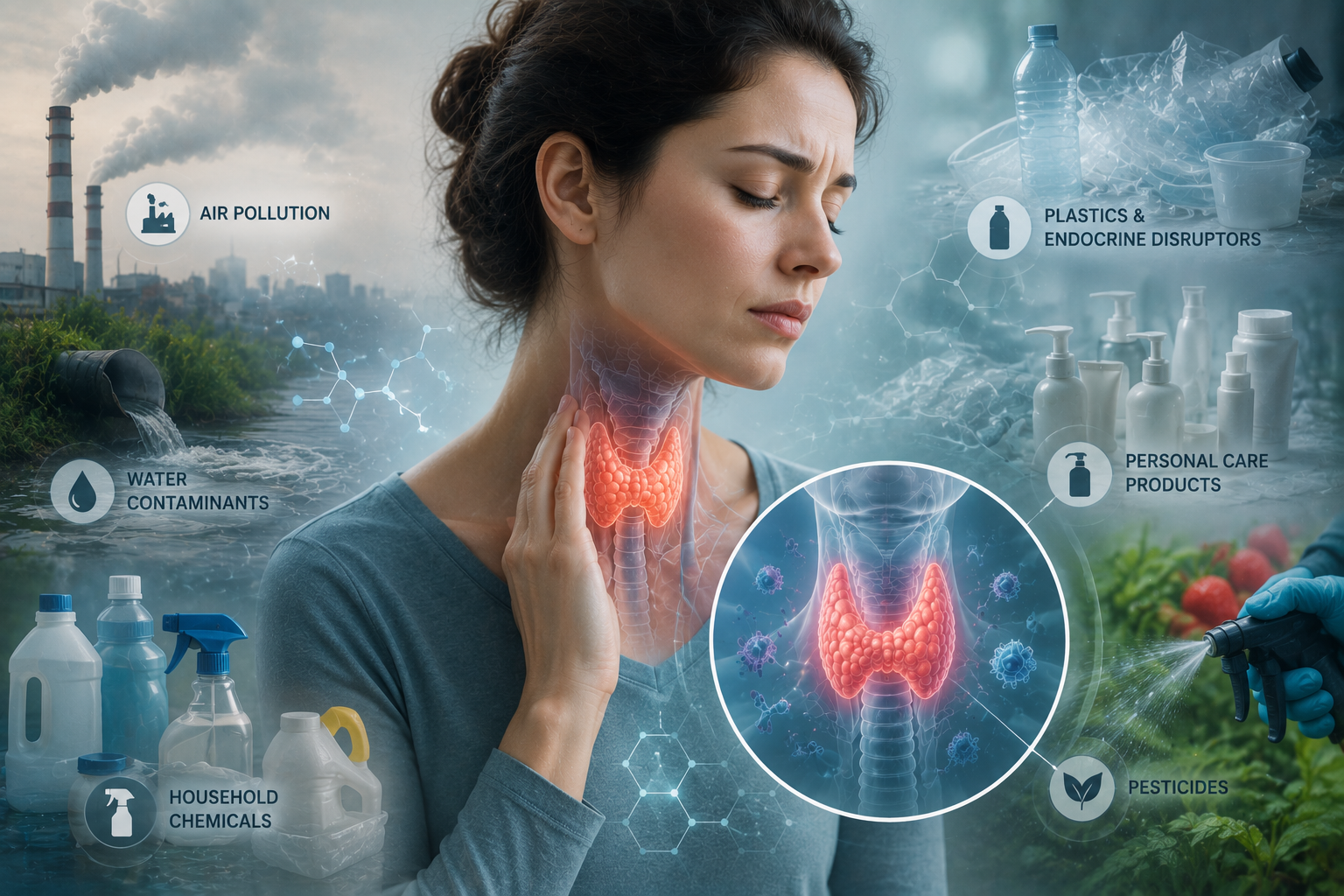 Environmental toxin exposure concept with chemicals and thyroid health imagery
