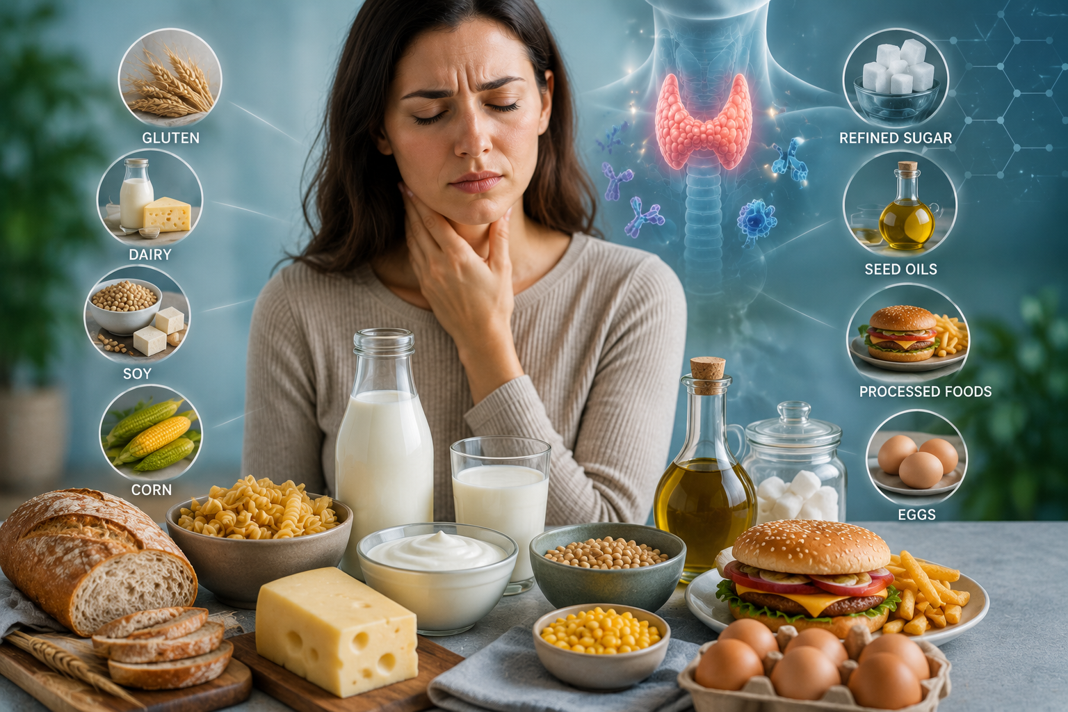 Common food triggers including gluten, dairy, and processed foods related to Hashimoto’s symptoms