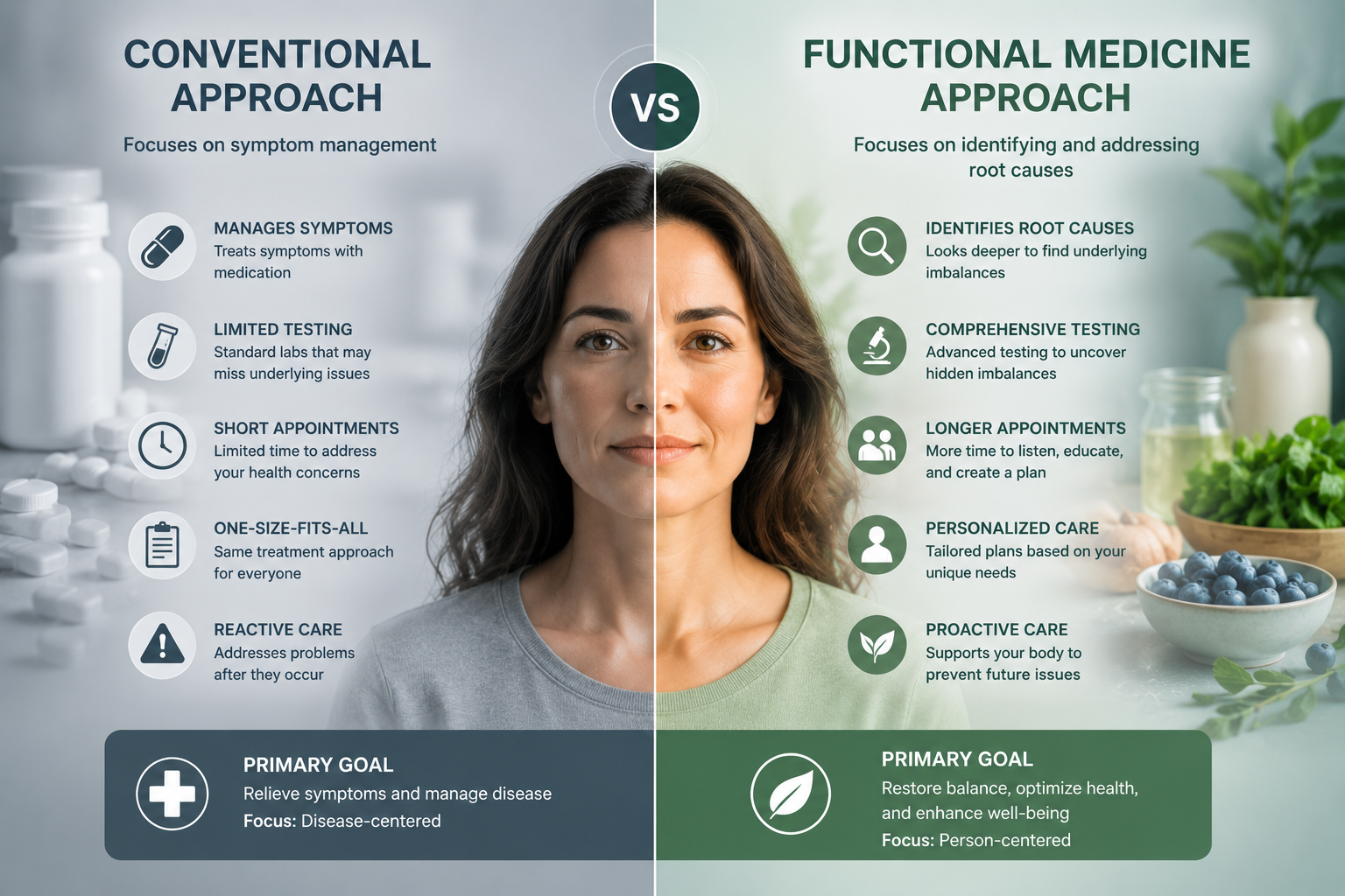 Comparison infographic showing conventional medicine versus functional medicine approaches to thyroid and autoimmune care