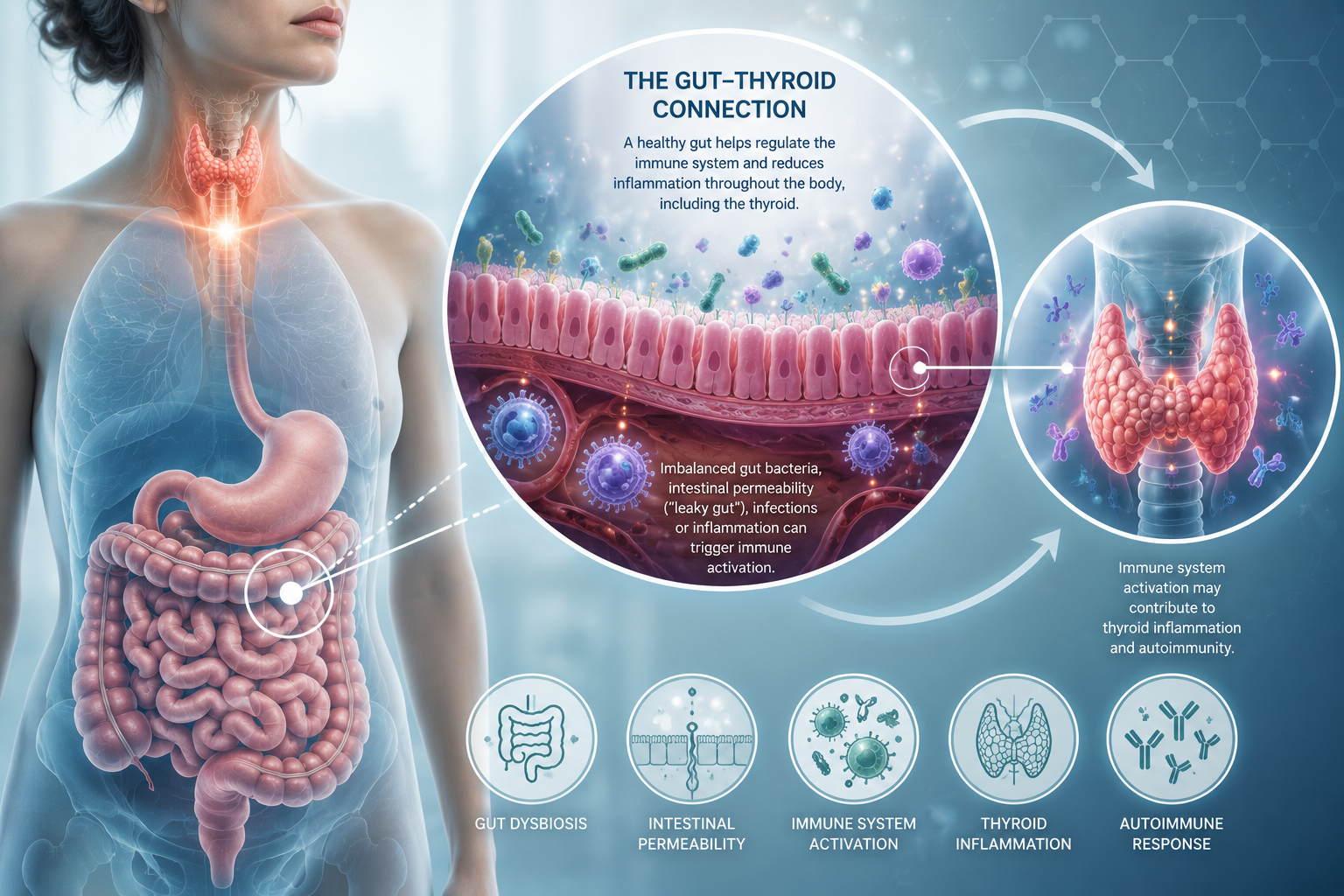 Digestive system illustration showing gut and thyroid immune connection
