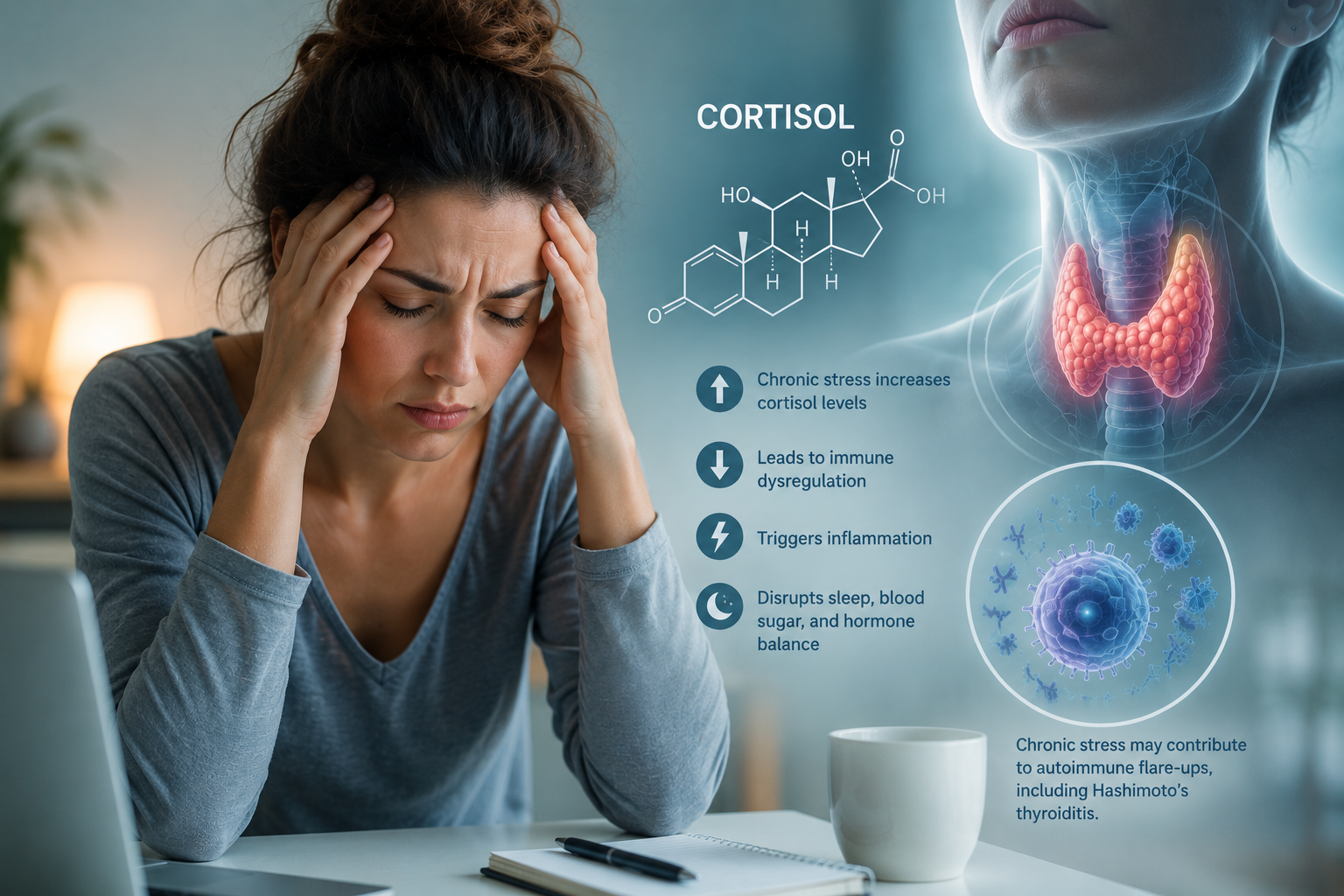 Stressed woman with cortisol hormone imagery representing autoimmune stress triggers