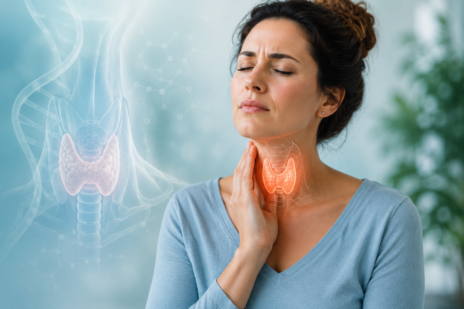 Woman with fatigue symptoms and thyroid anatomy illustration representing Hashimoto’s thyroiditis causes