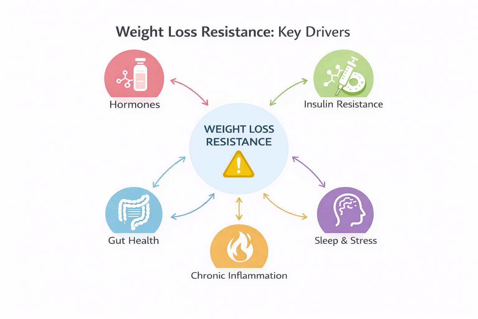 Infographic showing key drivers of weight loss resistance, including hormones, insulin resistance, gut health, chronic inflammation, and sleep and stress.