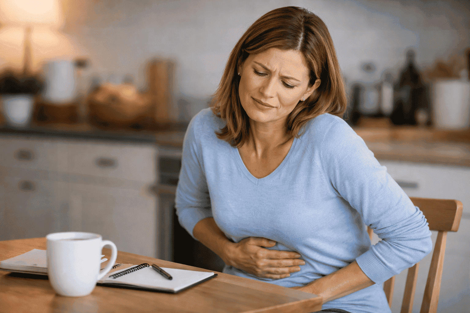 Person experiencing mild abdominal discomfort at home, representing IBS symptoms after eating.