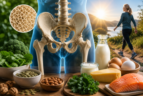 Healthy bones supported by nutrition vitamin D magnesium protein and active lifestyle habits