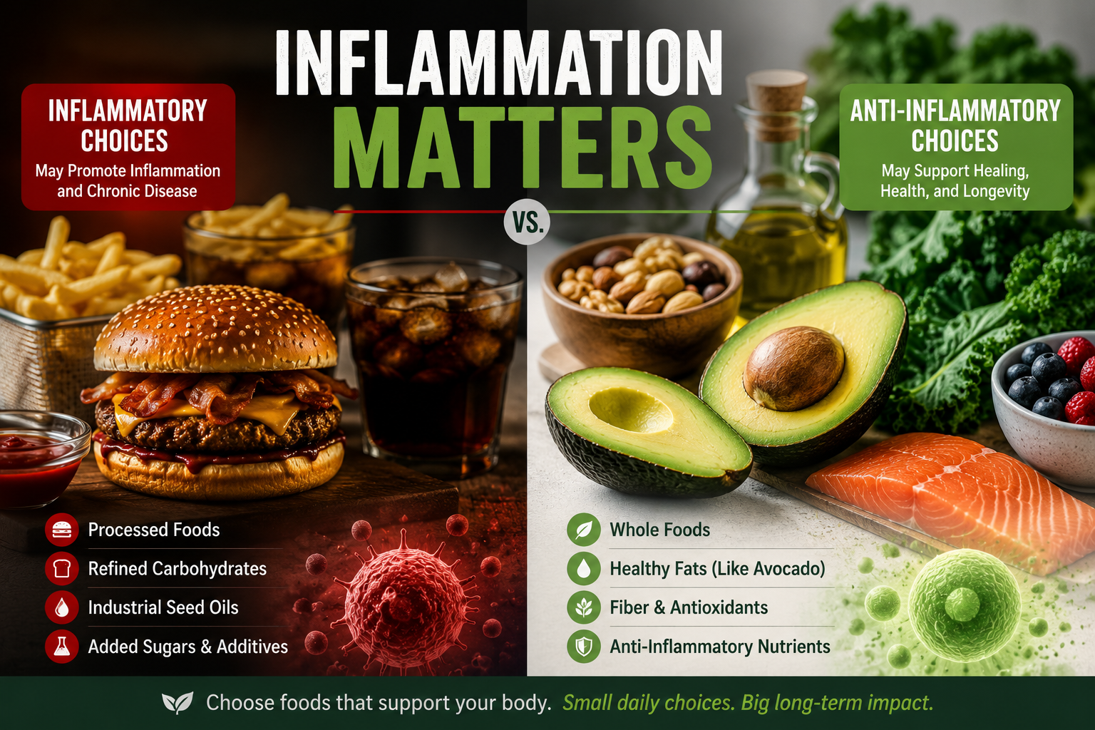 Comparison of processed inflammatory foods and anti-inflammatory whole foods including avocado