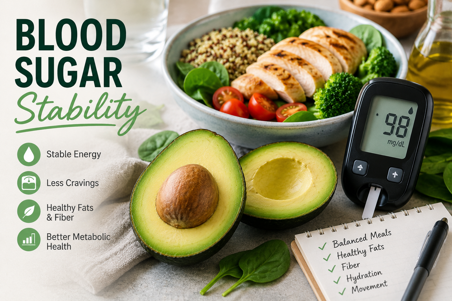 Avocado and healthy meal representing blood sugar balance and metabolic health support