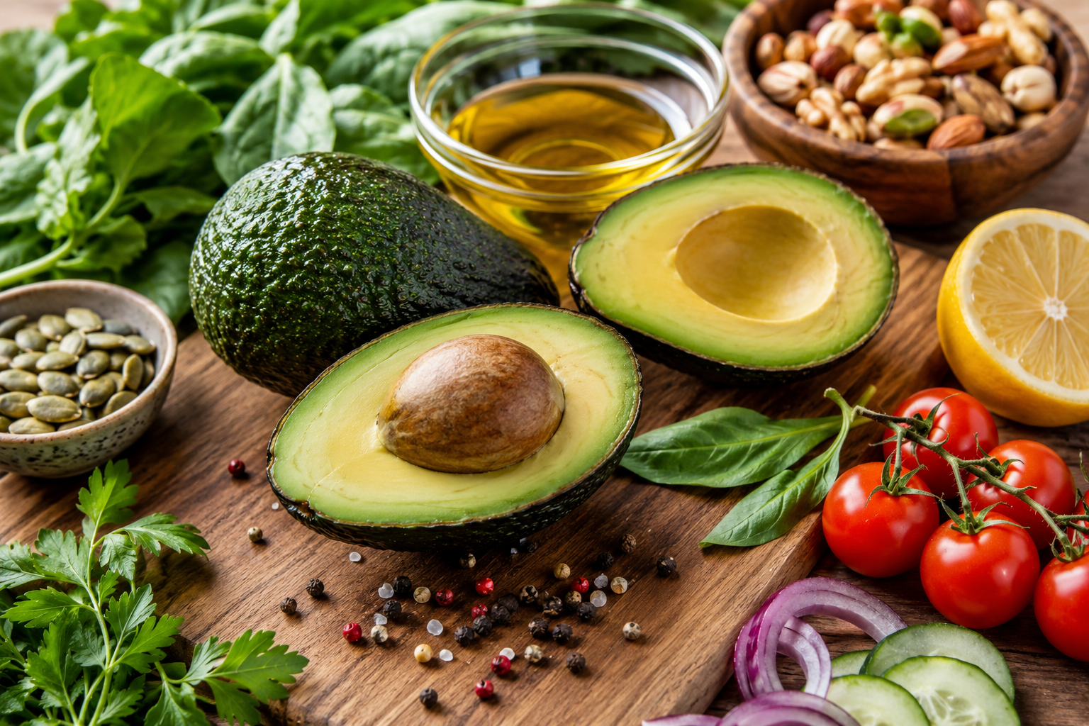 Fresh avocado and healthy anti-inflammatory foods representing functional medicine nutrition and metabolic health