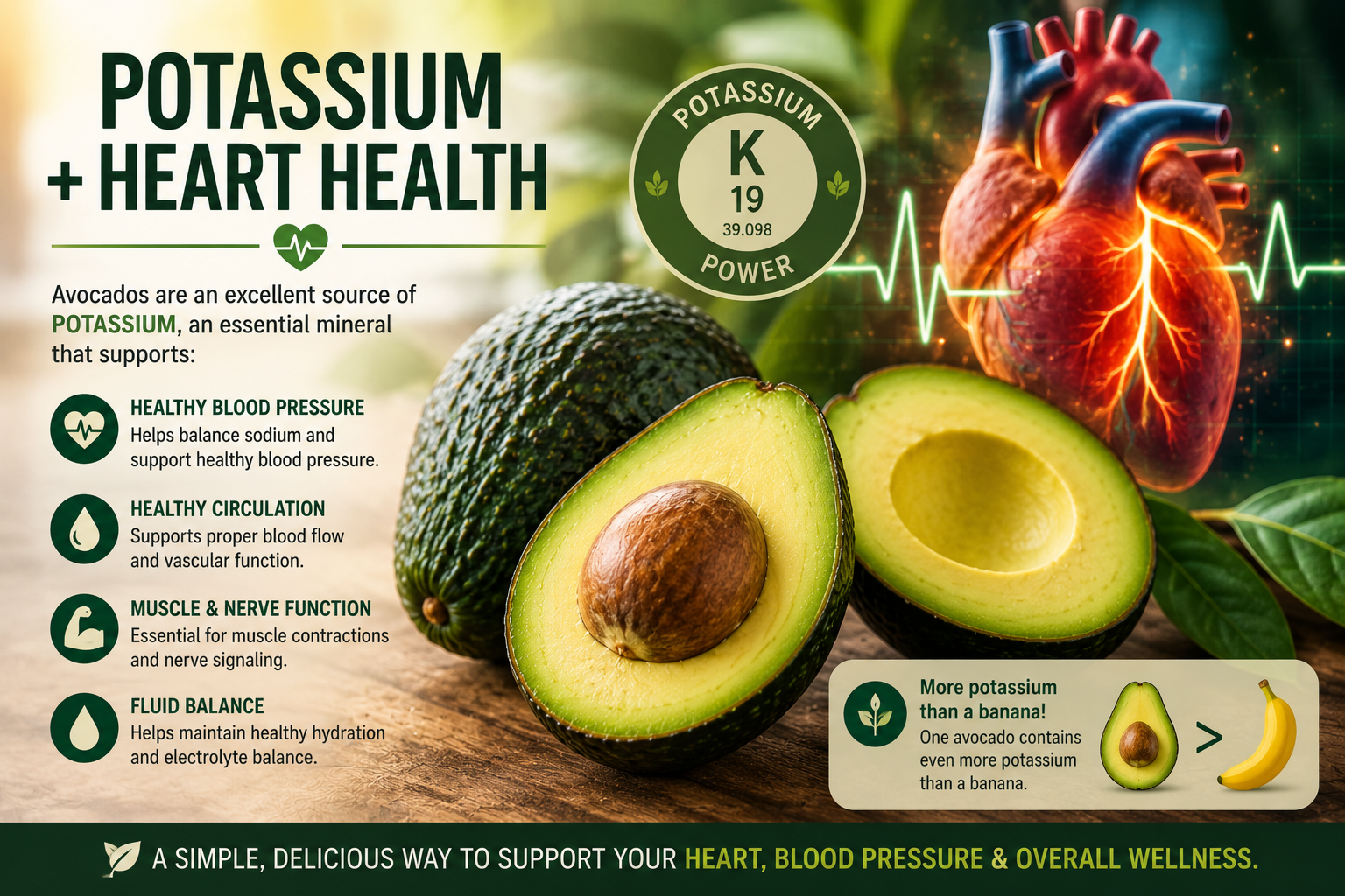 Avocado and heart health imagery representing potassium and cardiovascular wellness
