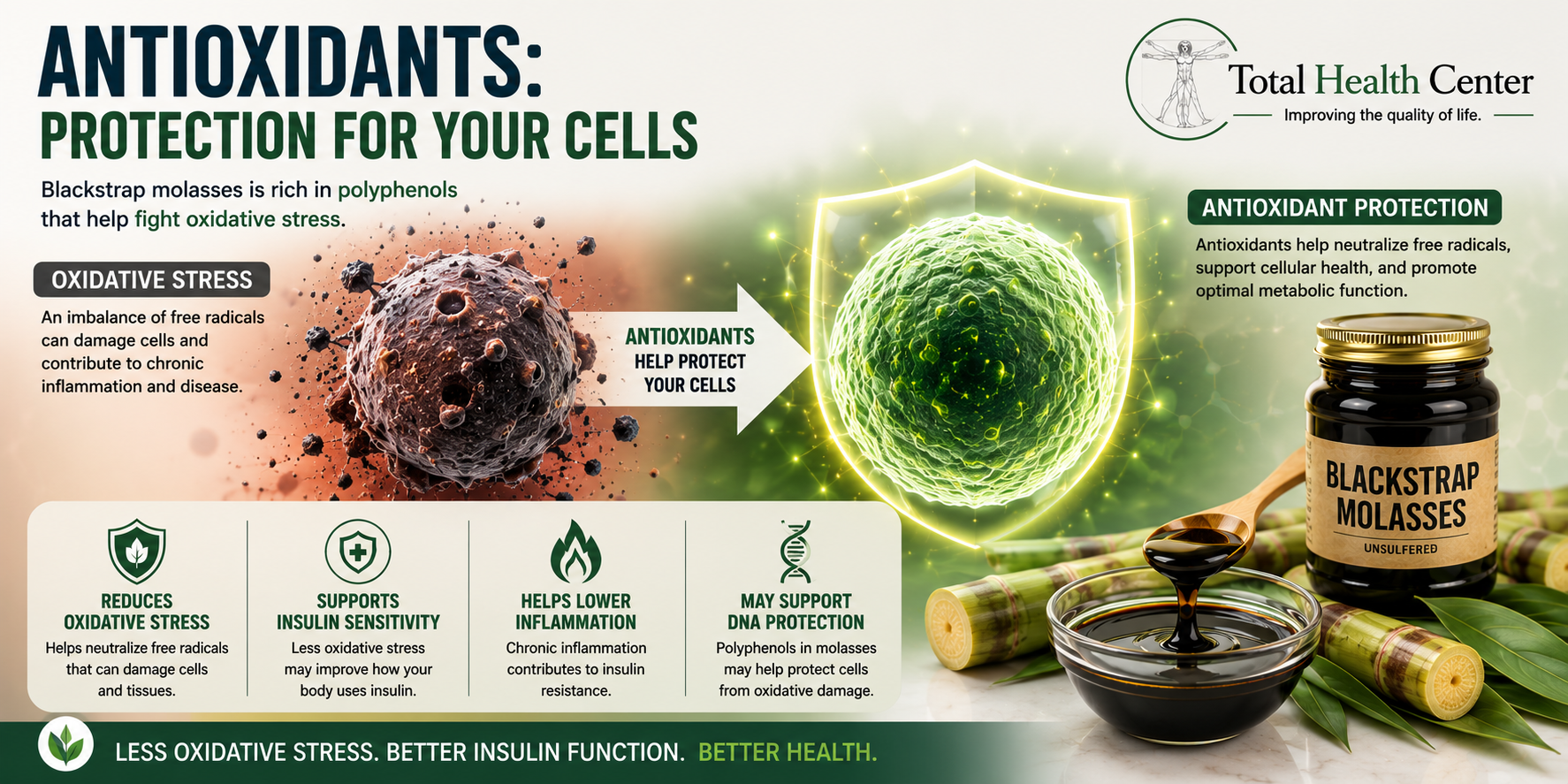 Blackstrap molasses antioxidant protection graphic showing oxidative stress cellular damage and metabolic health support