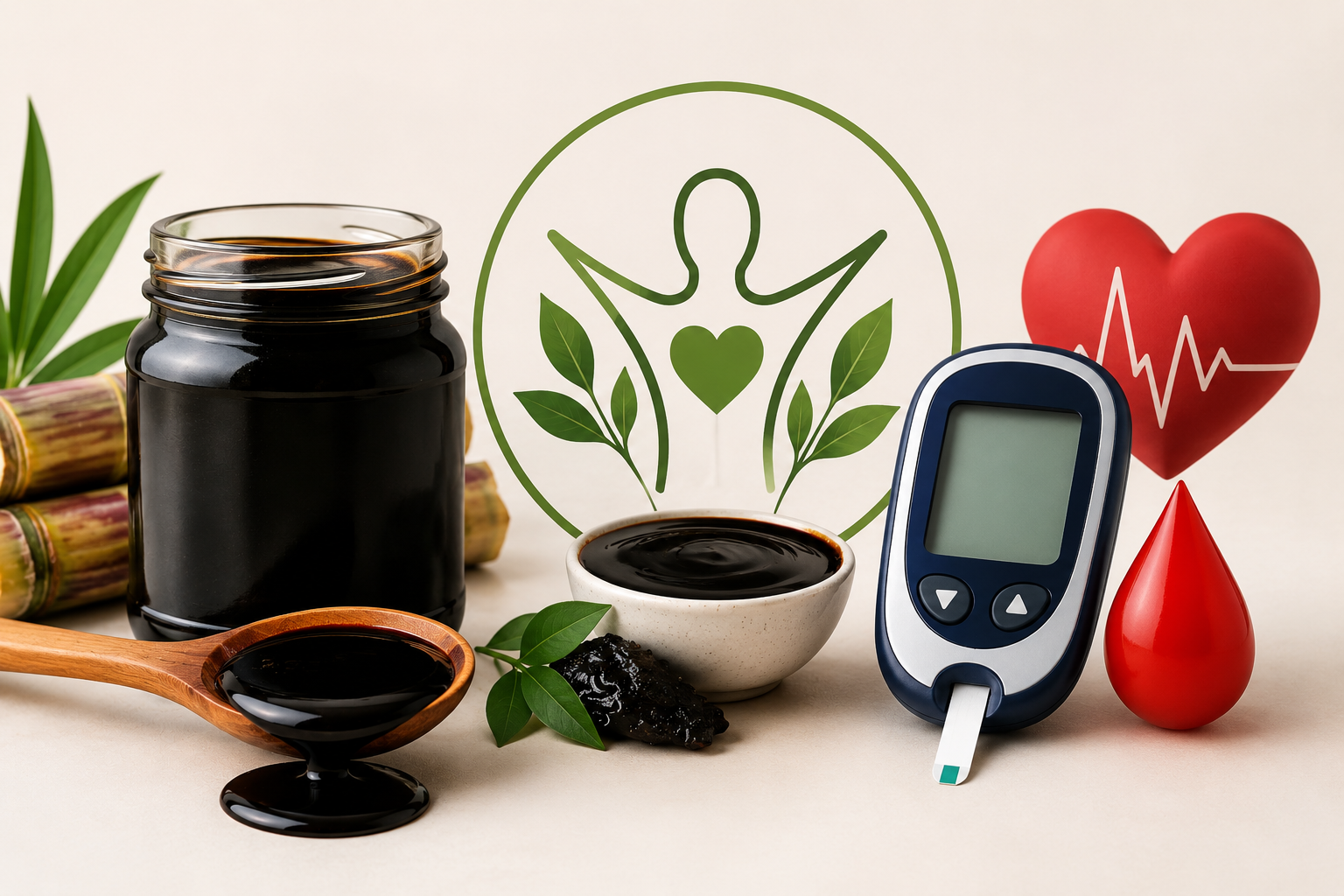 Blackstrap molasses with blood sugar monitor representing natural blood sugar support and metabolic health