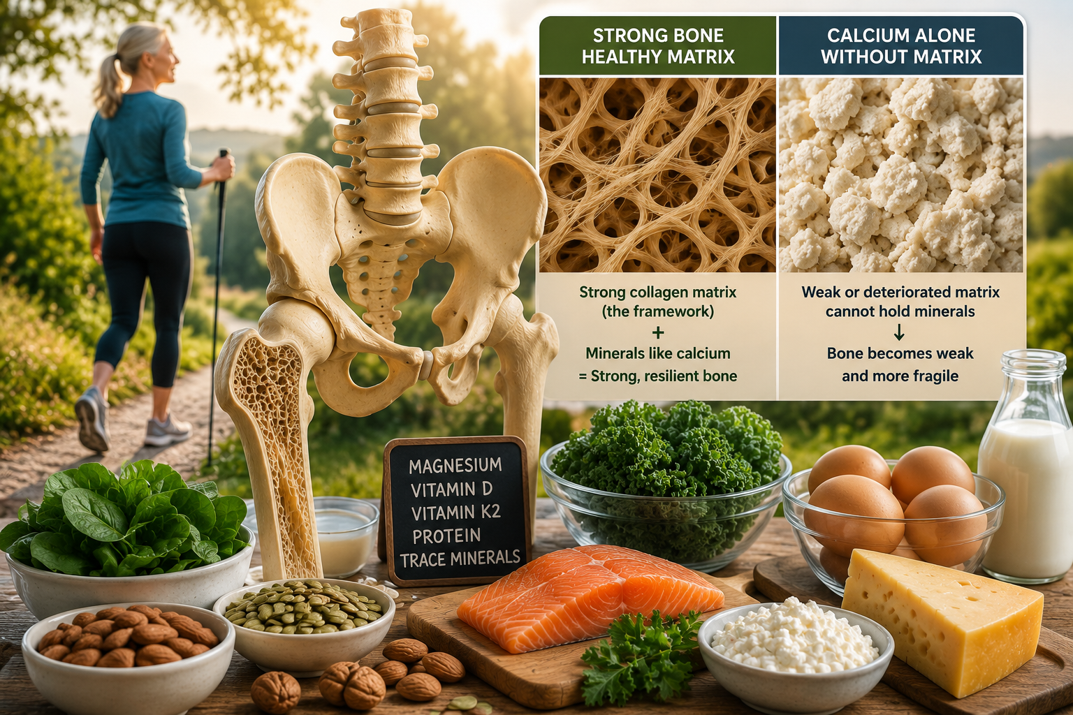 Comparison showing healthy bone collagen matrix versus calcium alone for osteoporosis prevention and bone strength