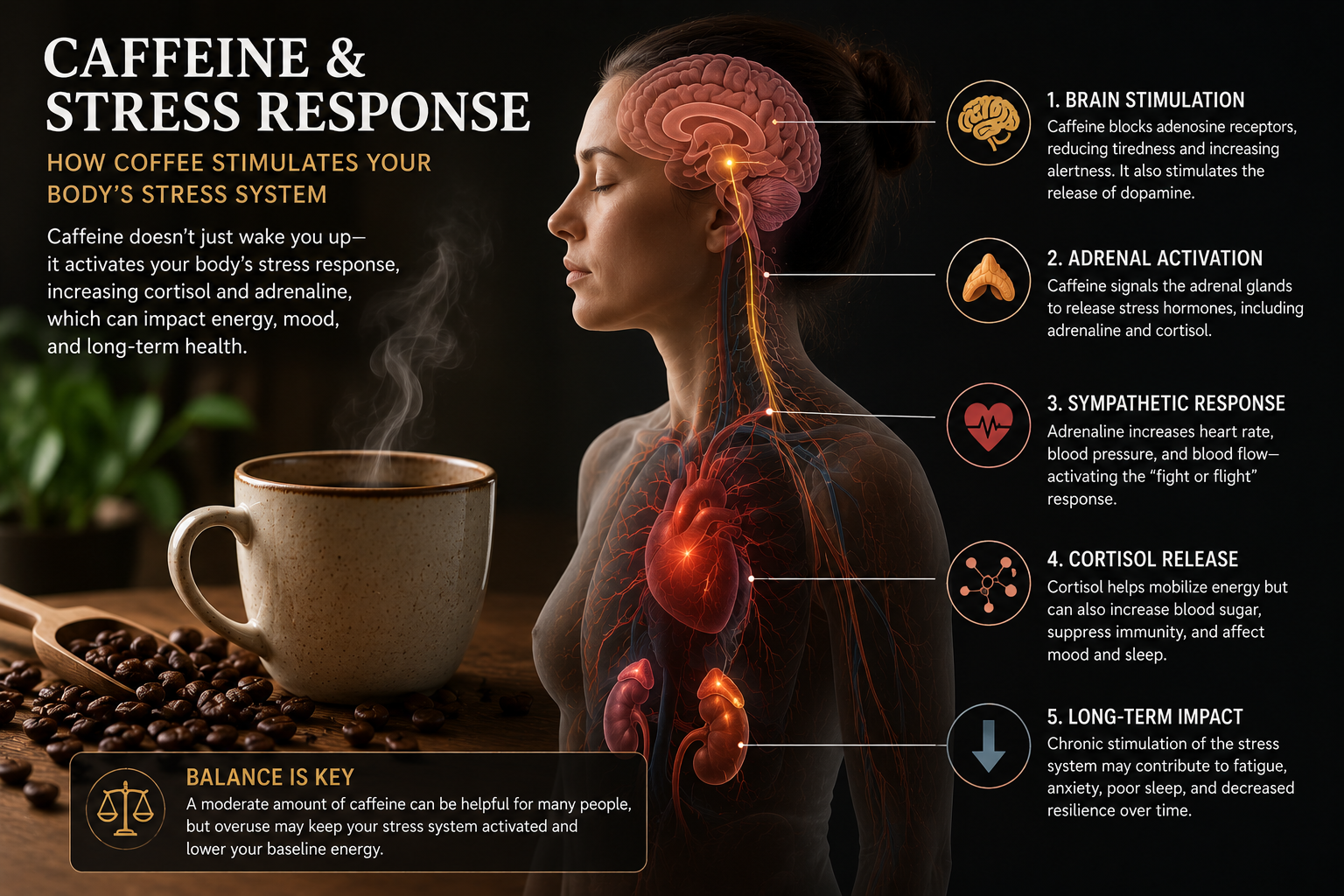 Medical illustration showing how caffeine may activate the stress response, including cortisol release, sympathetic nervous system stimulation, and cardiovascular effects