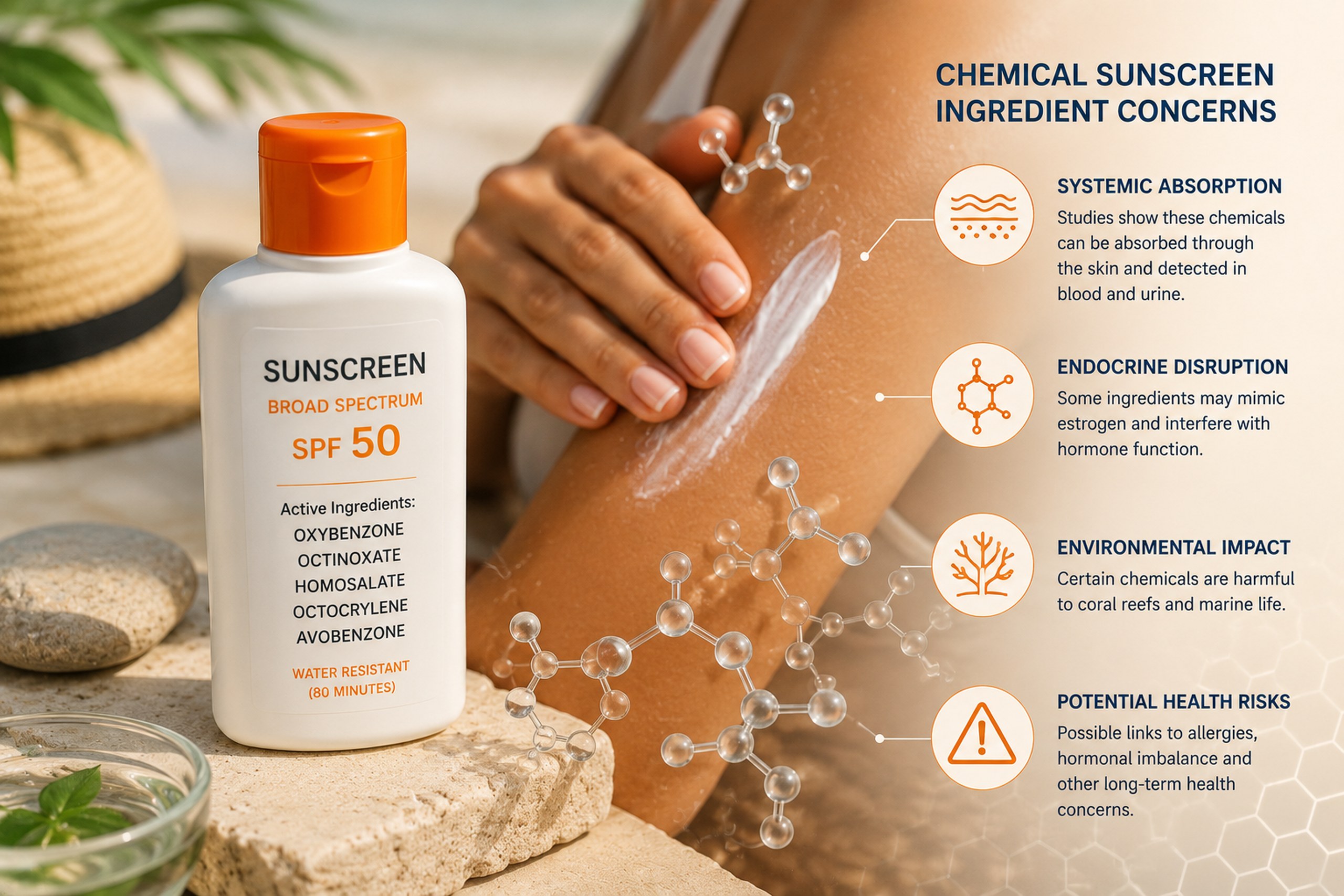 Conventional sunscreen bottle with scientific molecular imagery representing ingredient safety concerns
