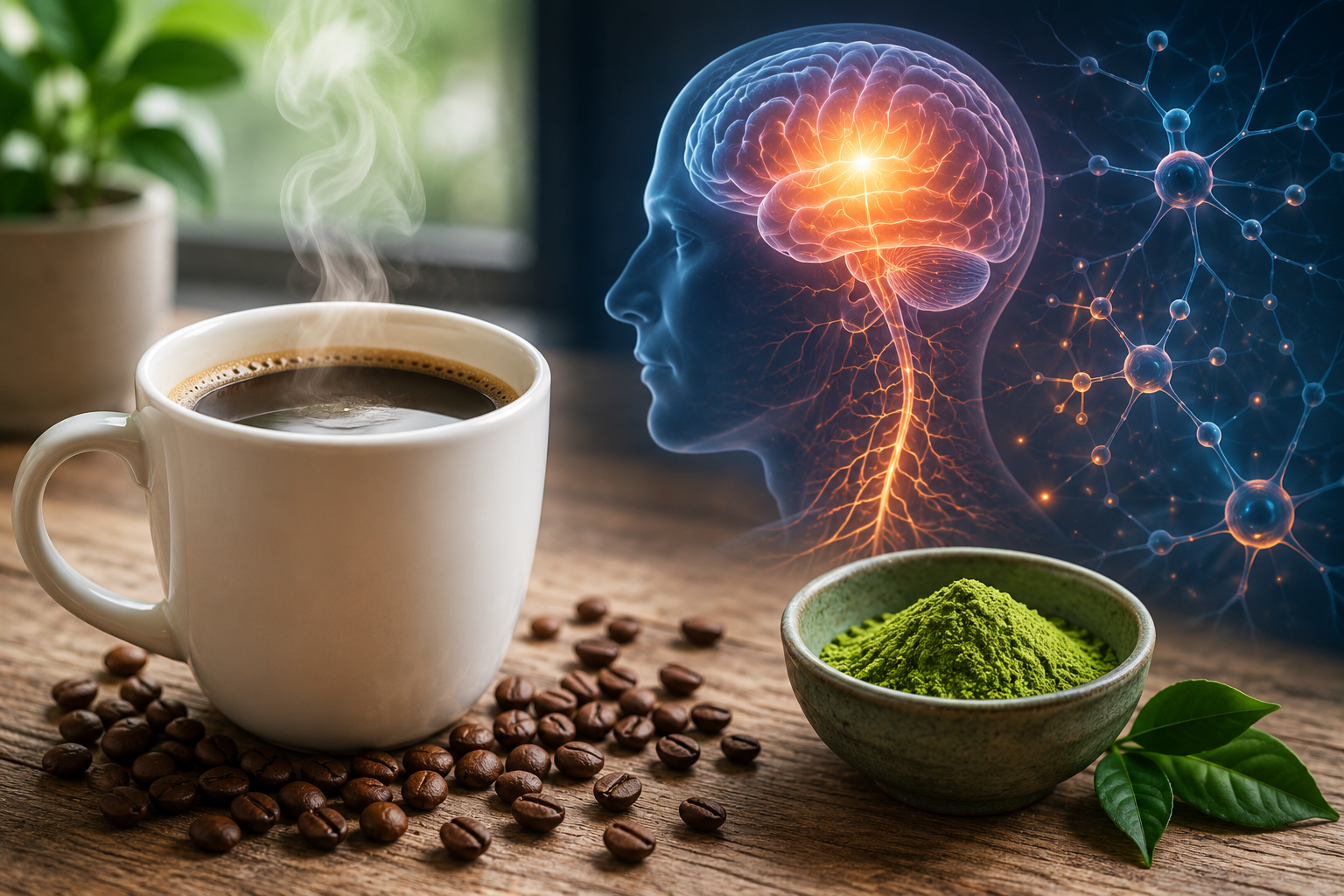 Illustration showing coffee dependence cycle, caffeine effects on brain chemistry, dopamine signaling, and fatigue-related reliance on coffee