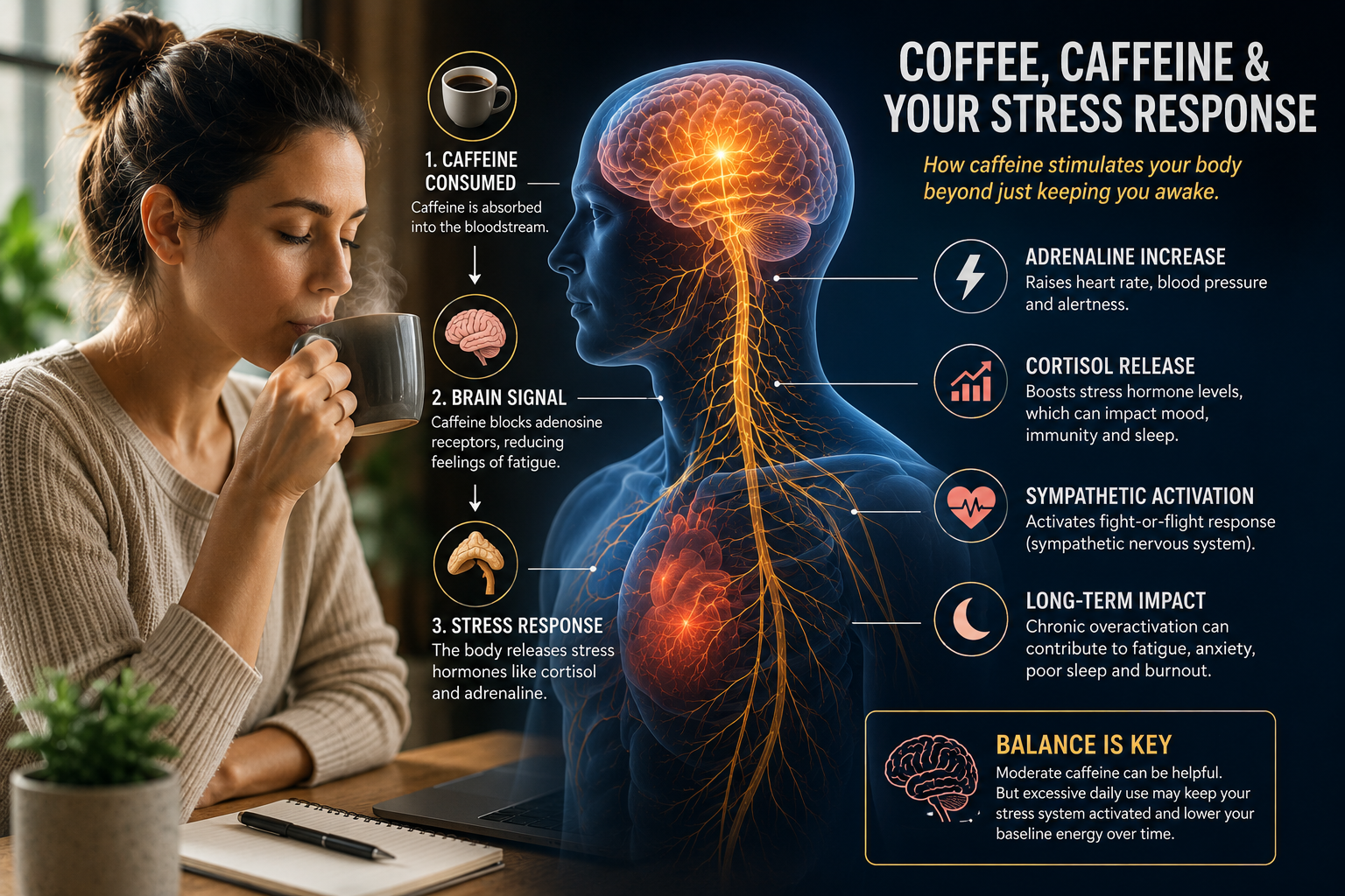 Medical illustration showing how caffeine may affect cortisol, sympathetic nervous system activation, and stress response physiology