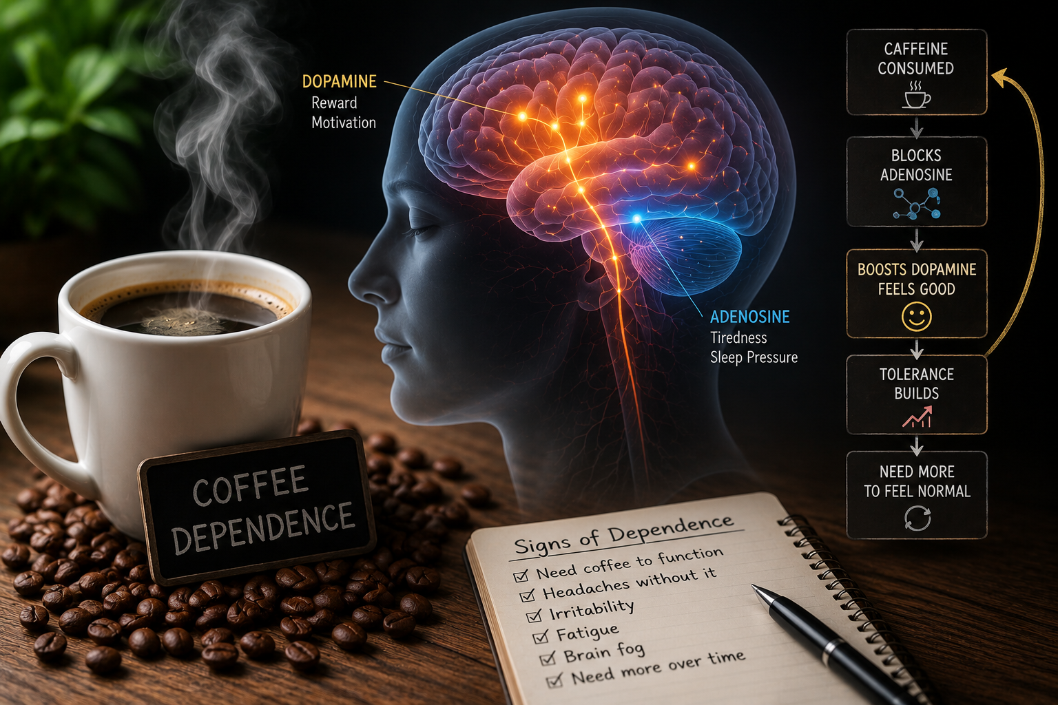 Illustration showing coffee dependence cycle, caffeine effects on brain chemistry, dopamine signaling, and fatigue-related reliance on coffee