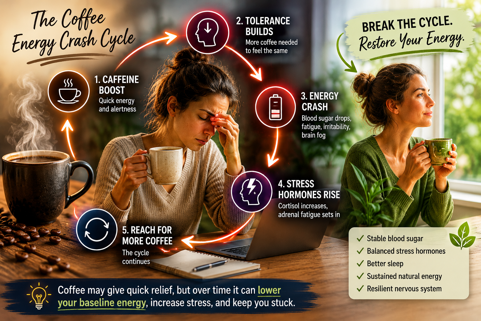 Illustration showing the caffeine energy crash cycle, stress hormone response, tolerance buildup, and dependence on repeated coffee consumption