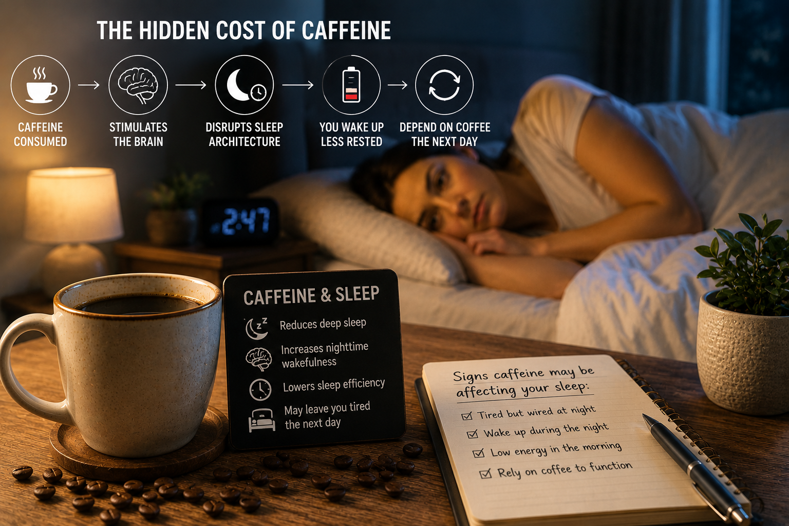 Illustration showing how caffeine may disrupt sleep quality, reduce recovery, and contribute to next-day fatigue and dependence on coffee