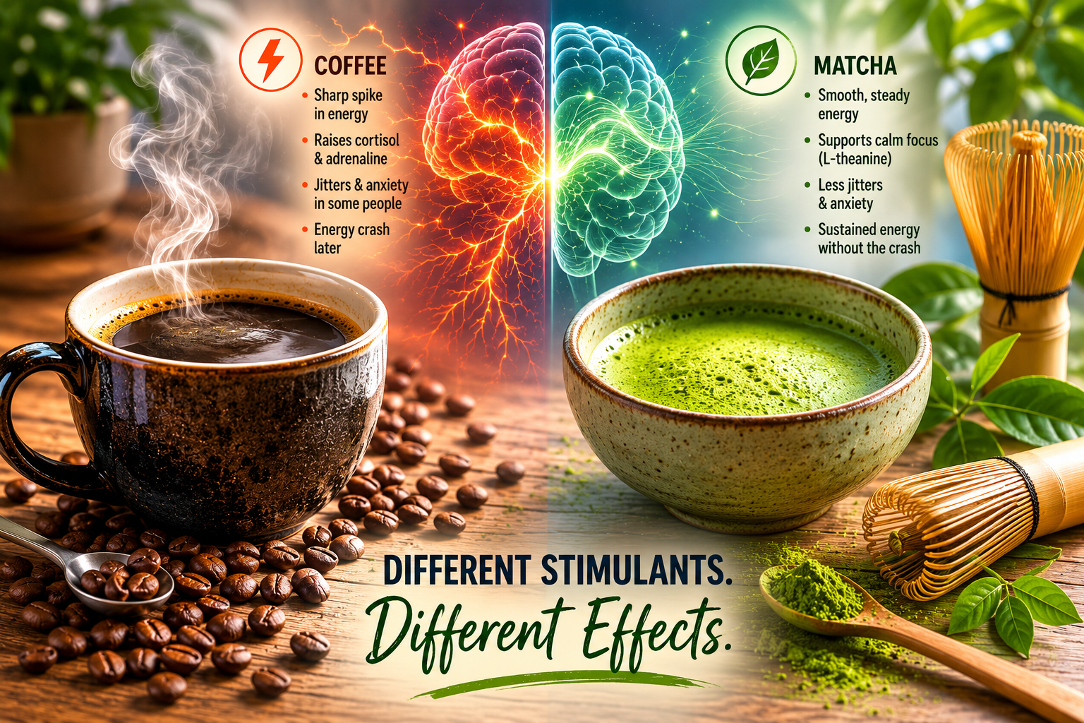 Comparison image showing coffee versus matcha and their differing effects on energy, stress response, and nervous system balance