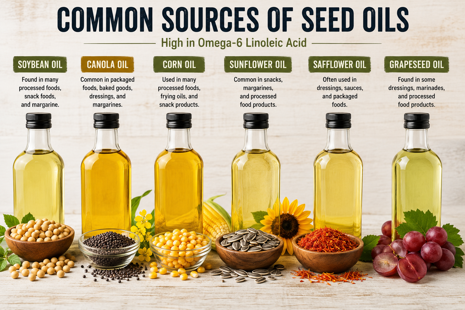 Common industrial seed oils including soybean oil, canola oil, corn oil, sunflower oil, safflower oil, and grapeseed oil