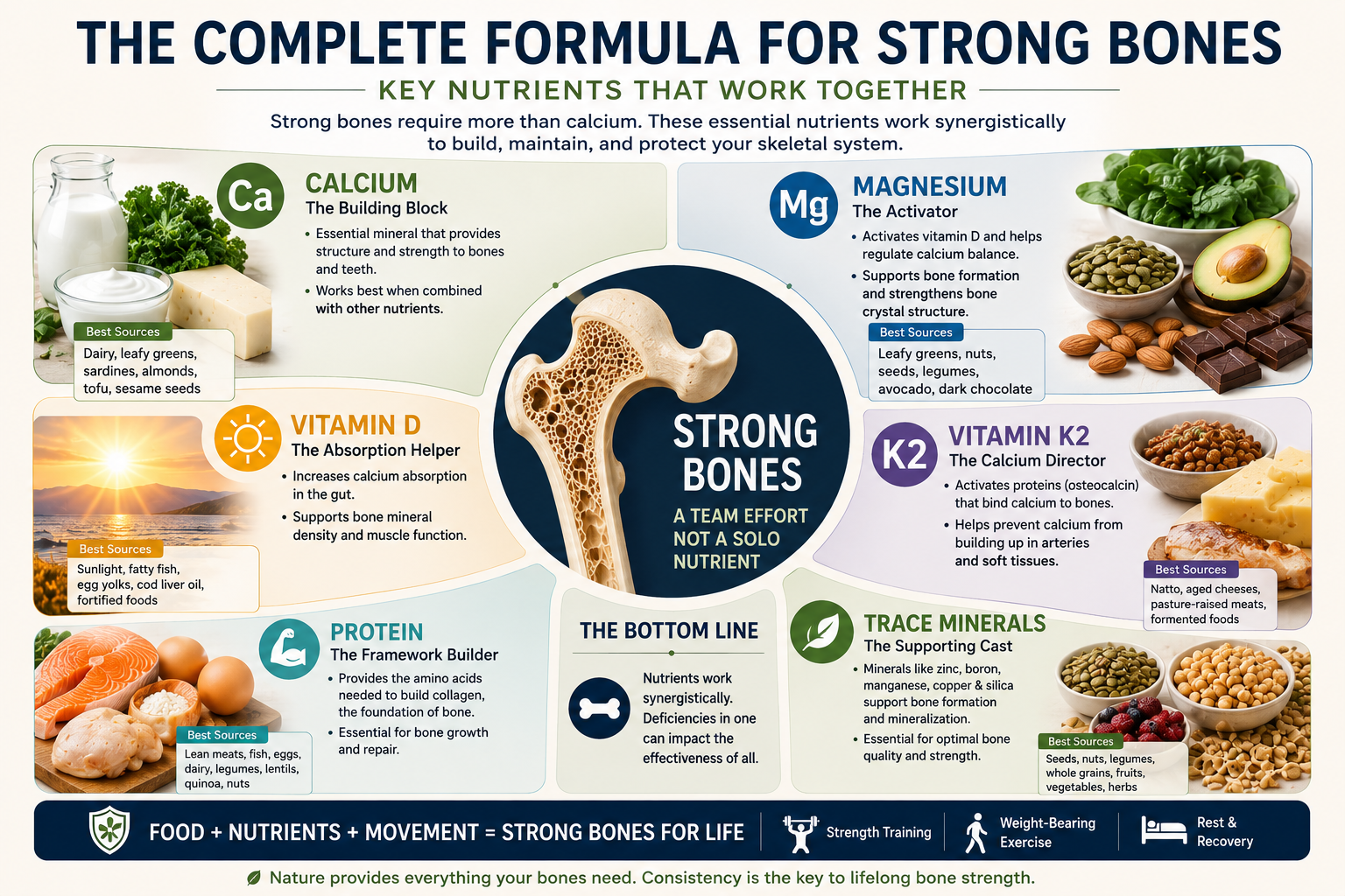 Infographic showing calcium magnesium vitamin D vitamin K2 protein and trace minerals working together for healthy bones