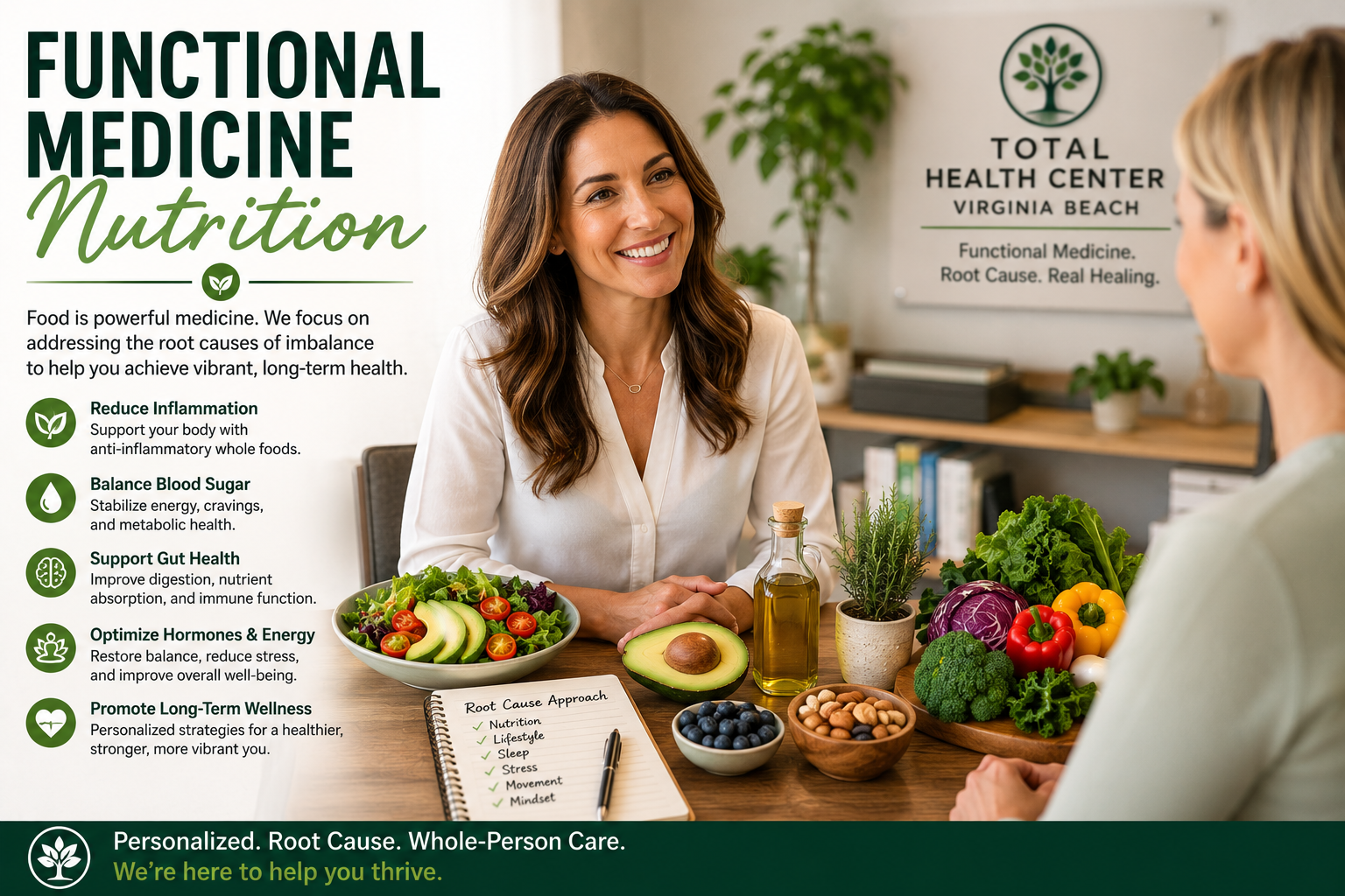 Functional medicine nutrition concept with healthy whole foods and wellness lifestyle imagery