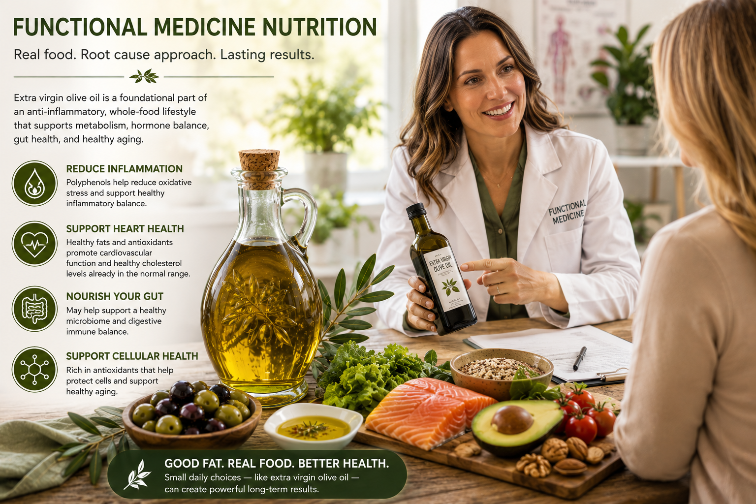Functional medicine nutrition consultation featuring olive oil and anti inflammatory whole foods