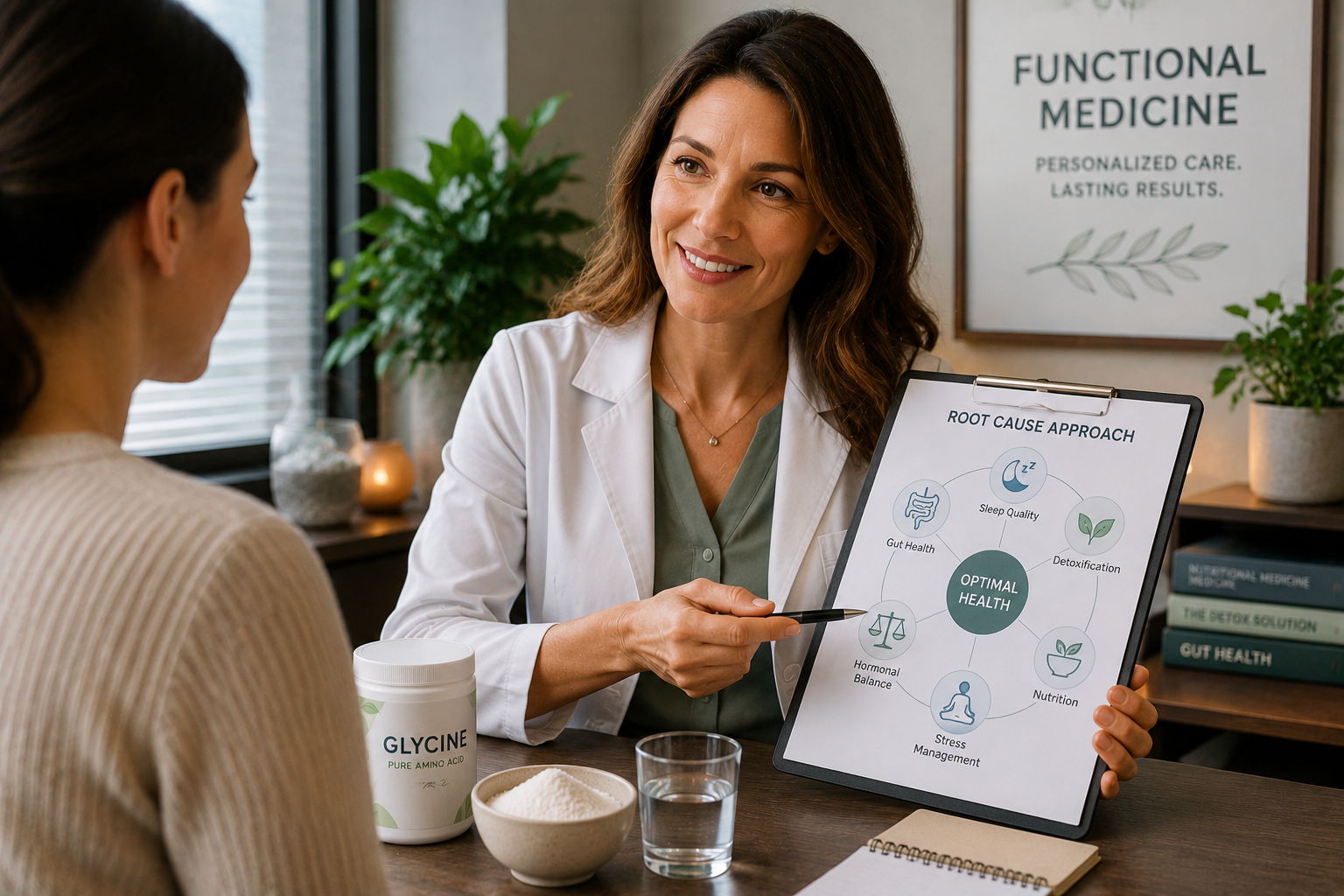 Functional medicine consultation illustrating a root cause approach to sleep detoxification gut health and healthy aging support