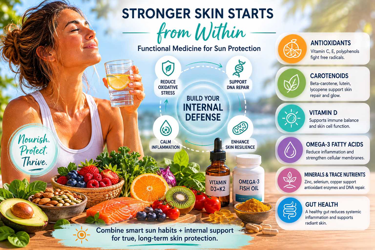 Nutrient rich foods and functional medicine imagery representing internal support for healthy skin resilience