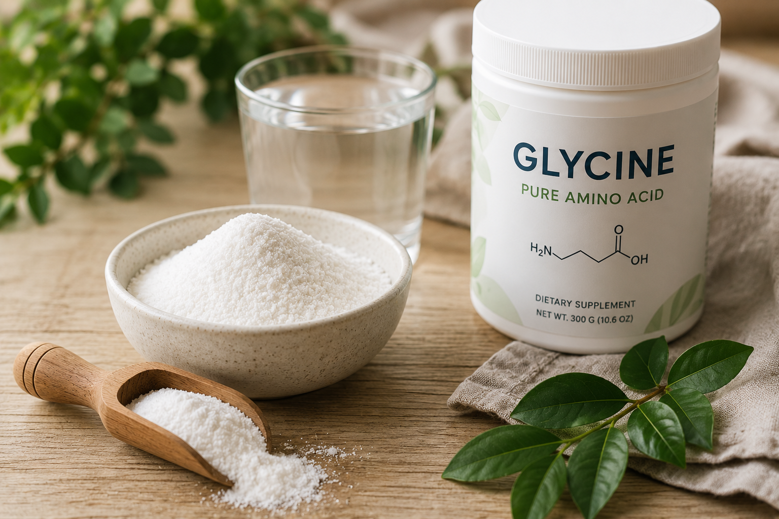 Glycine amino acid supplement powder representing natural support for sleep detoxification glutathione and healthy aging