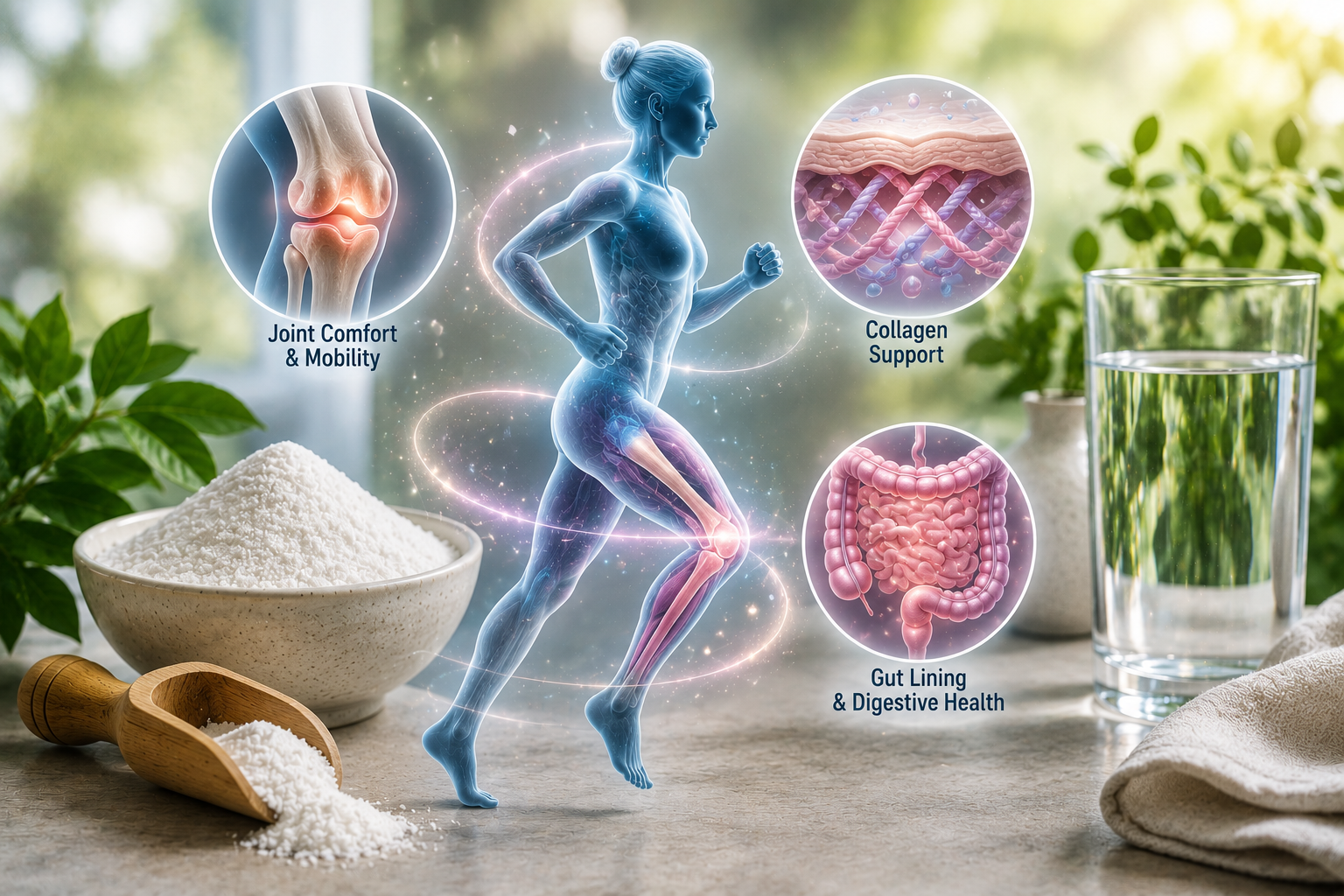 Medical illustration showing glycine support for collagen production joint comfort connective tissue and digestive gut lining health