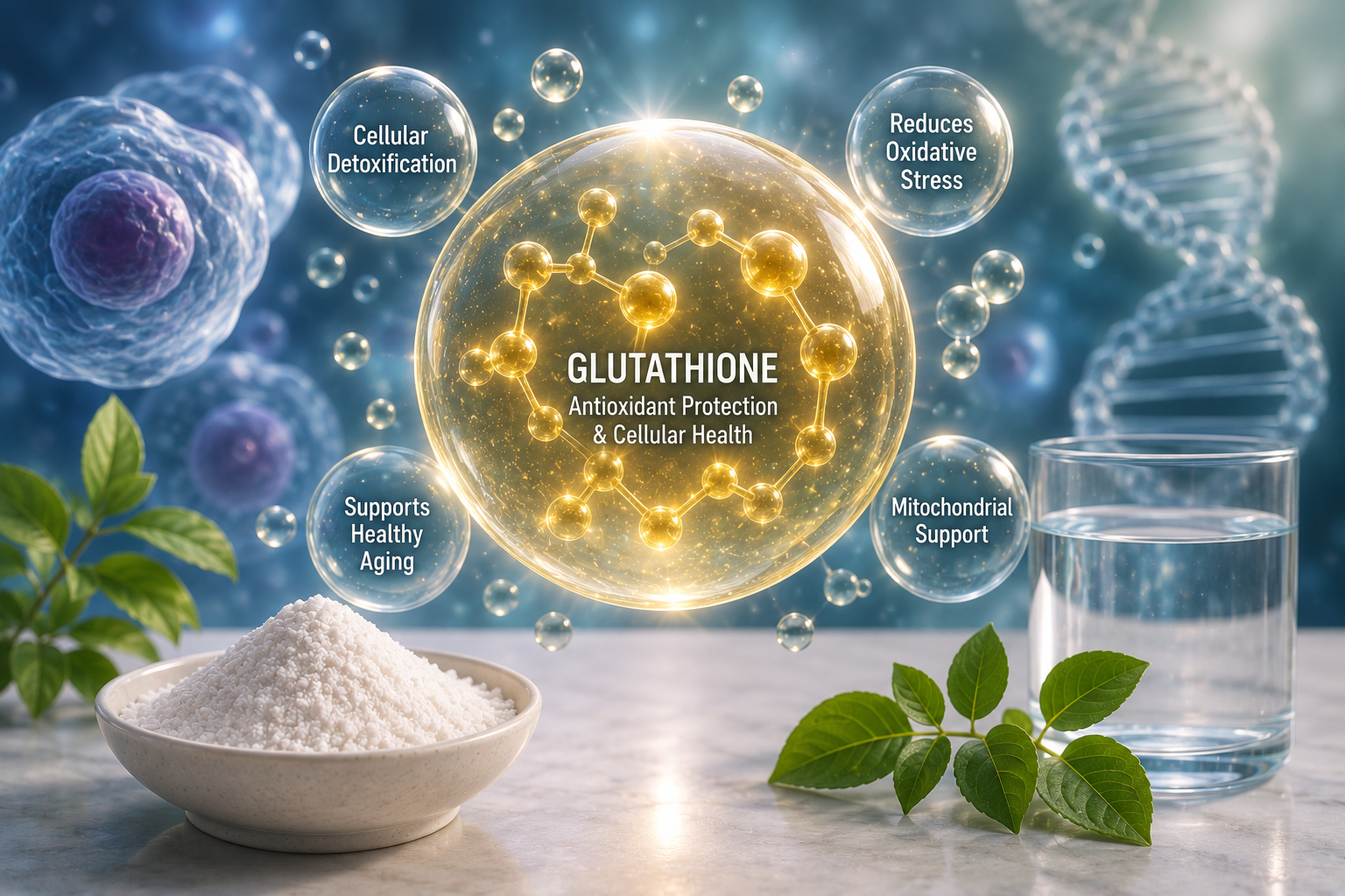 Scientific antioxidant illustration representing glycine support for glutathione production cellular protection and healthy aging