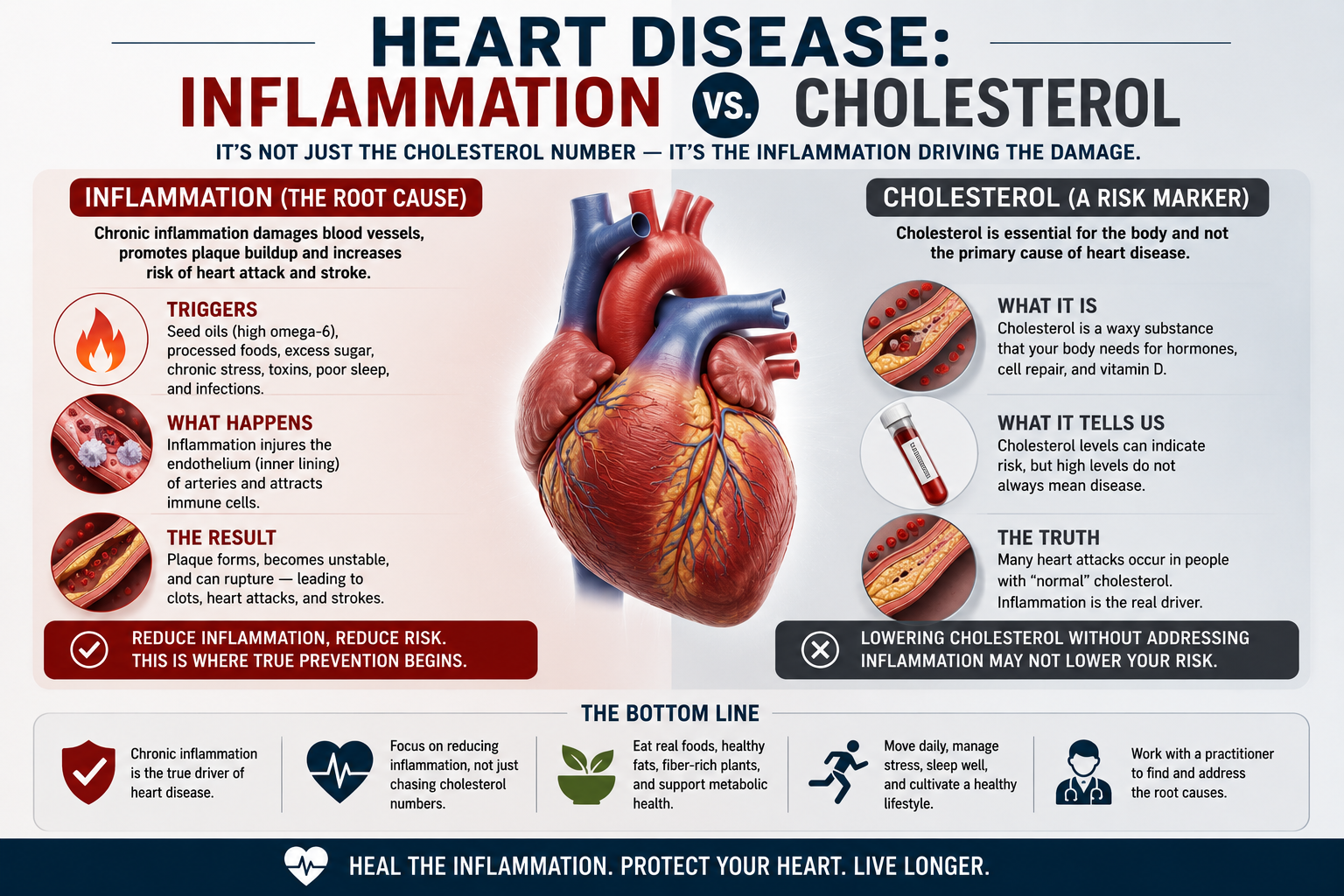 Medical infographic comparing inflammation and cholesterol as contributors to cardiovascular disease risk