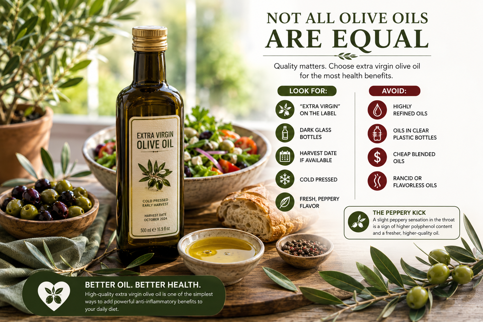 Guide to choosing high quality extra virgin olive oil with Mediterranean foods and healthy fat imagery
