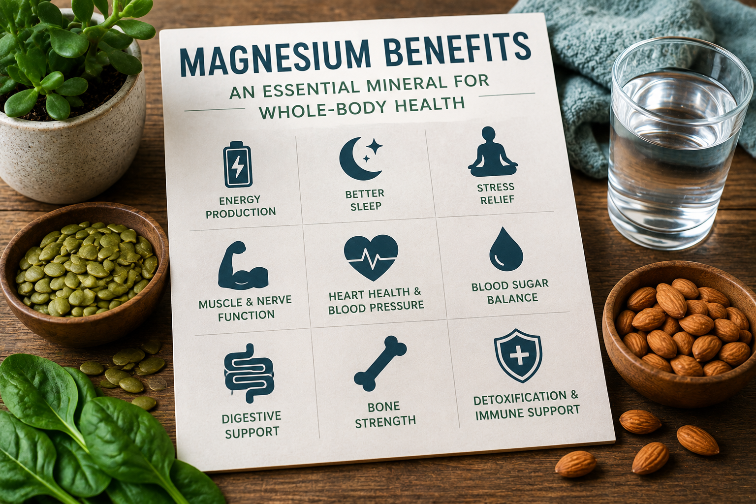 Magnesium overall health infographic showing connections to sleep stress blood sugar digestion heart health and energy production