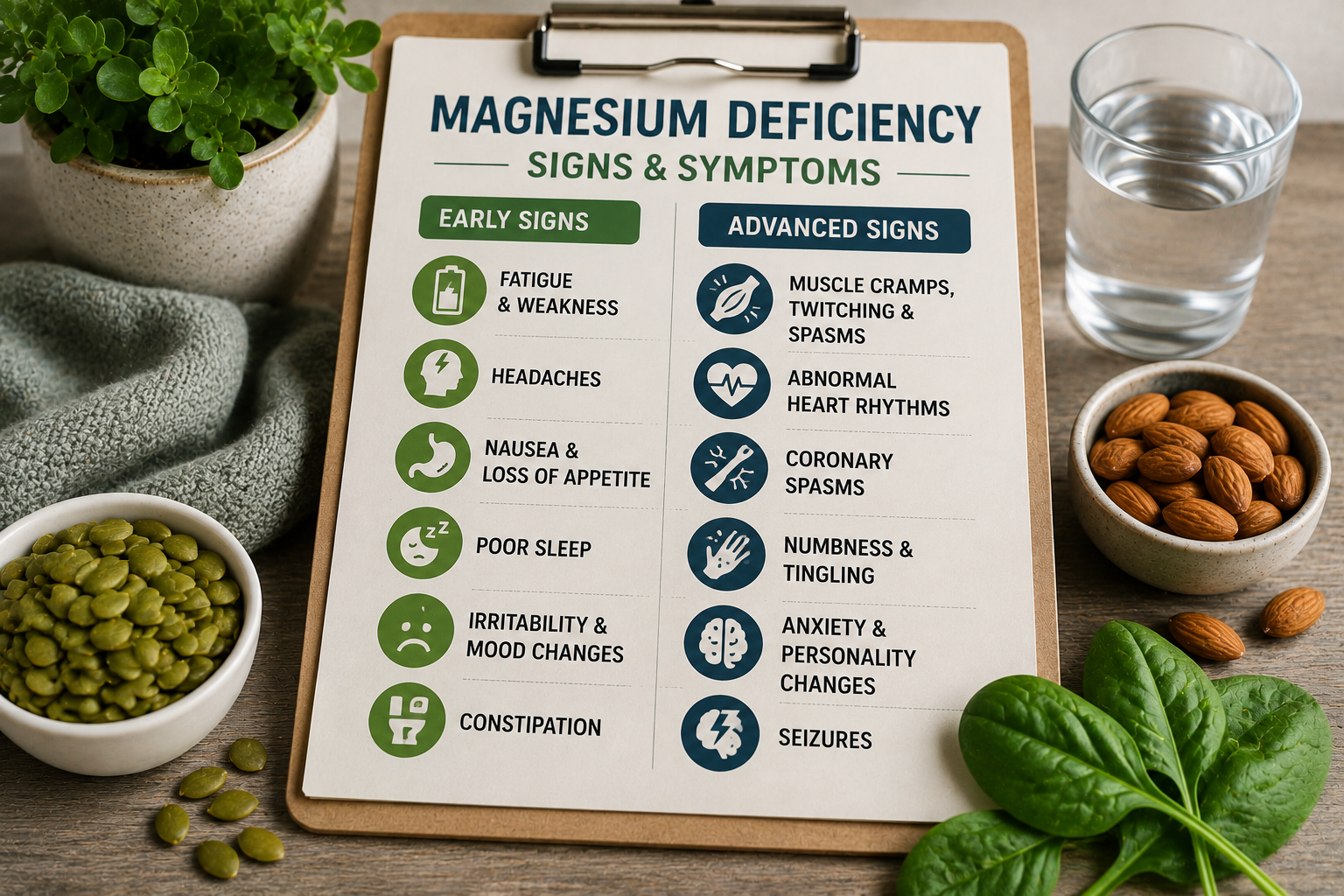 Magnesium deficiency symptoms infographic showing fatigue muscle cramps headaches poor sleep anxiety constipation and abnormal heart rhythms