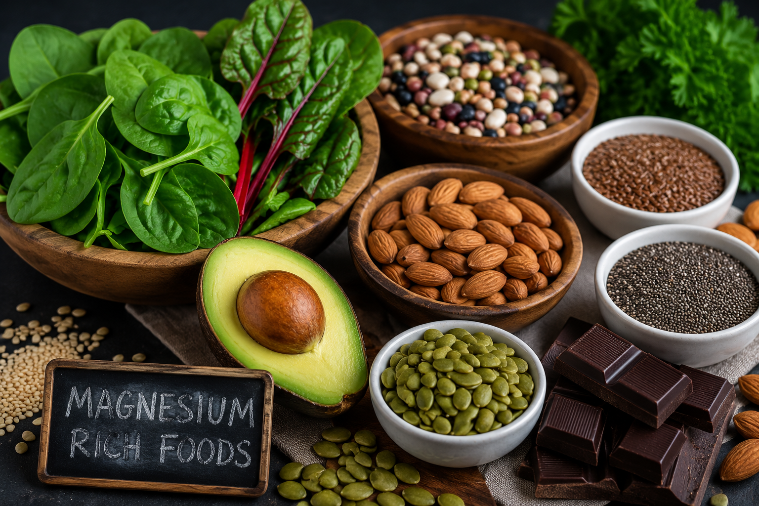 Magnesium rich foods including leafy greens pumpkin seeds almonds avocado and dark chocolate