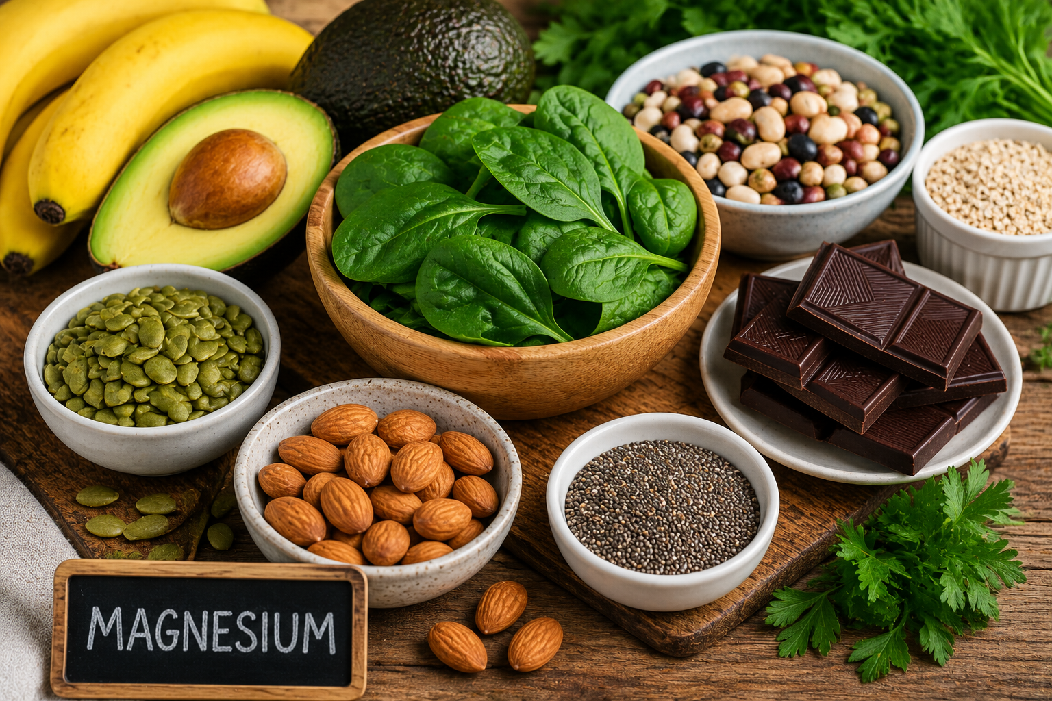 Magnesium rich whole foods including spinach avocado pumpkin seeds almonds beans dark chocolate and chia seeds