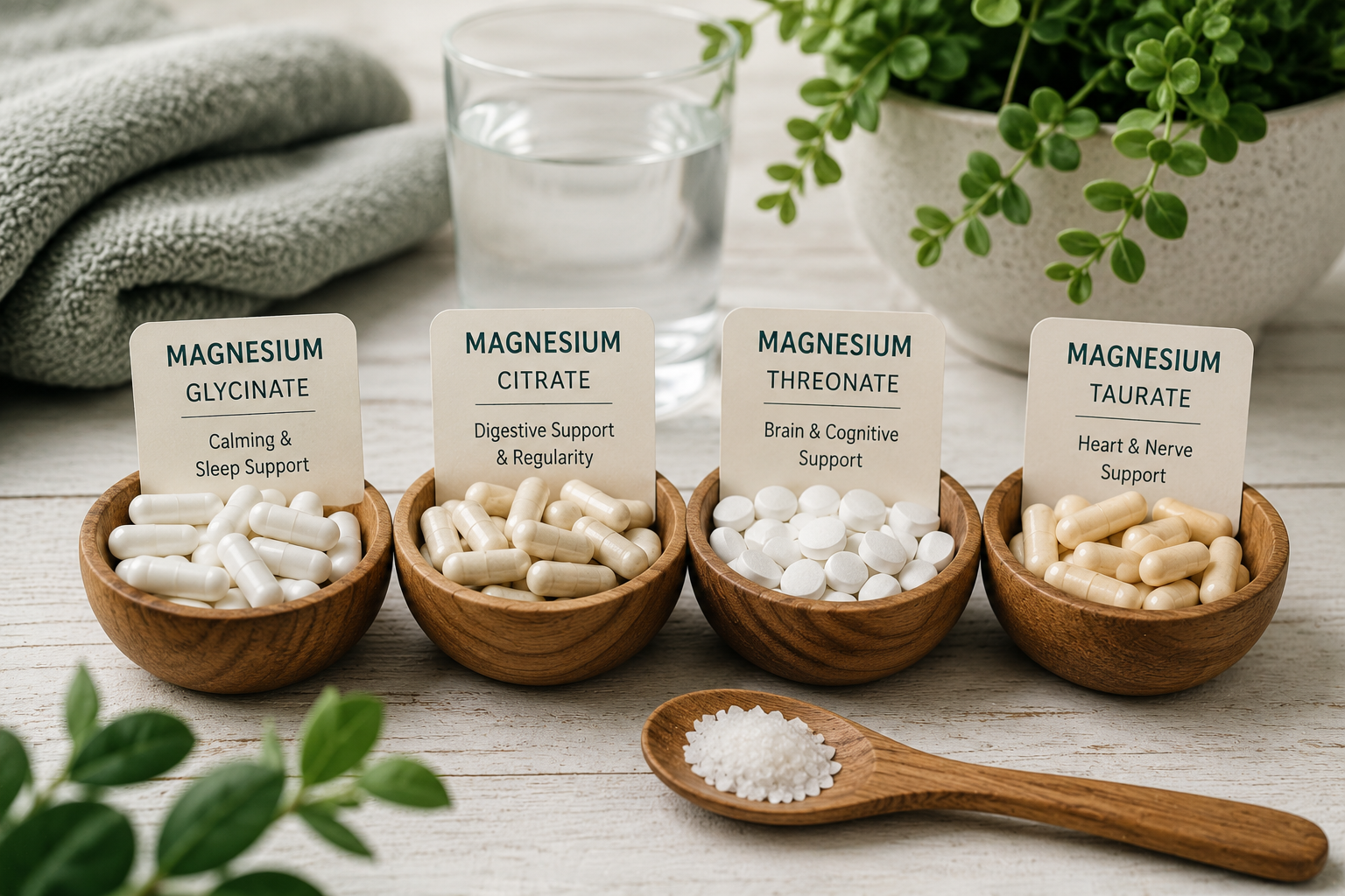 Different forms of magnesium supplements including glycinate citrate threonate and taurate for sleep stress digestion and brain health