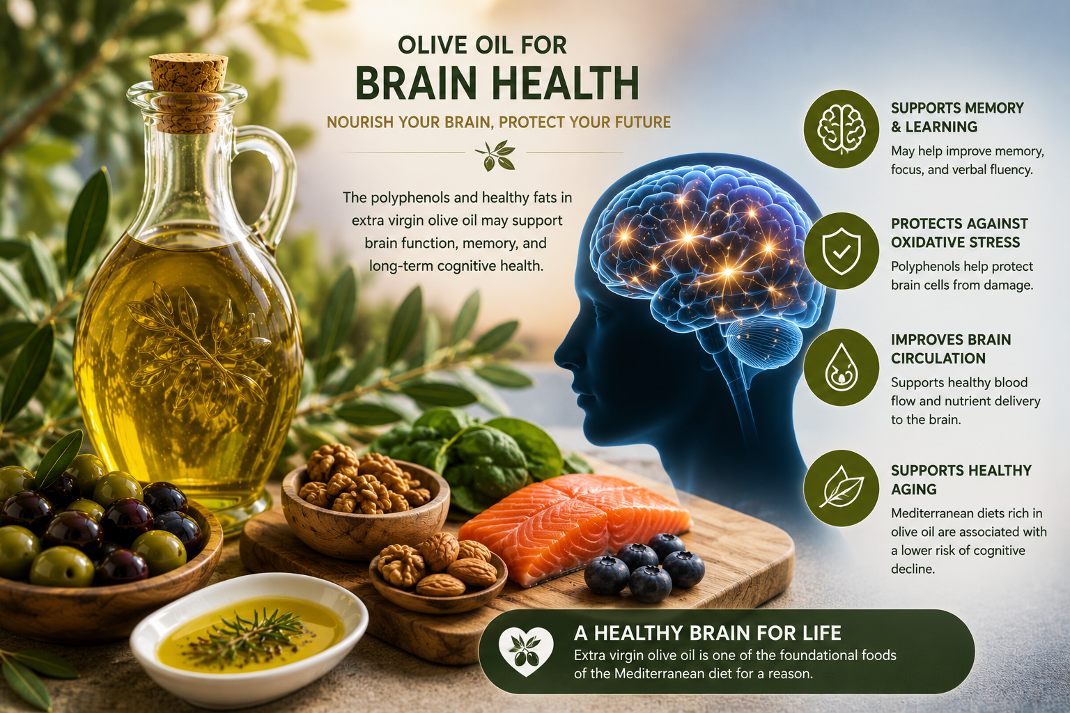 Extra virgin olive oil and brain health illustration supporting memory and healthy aging