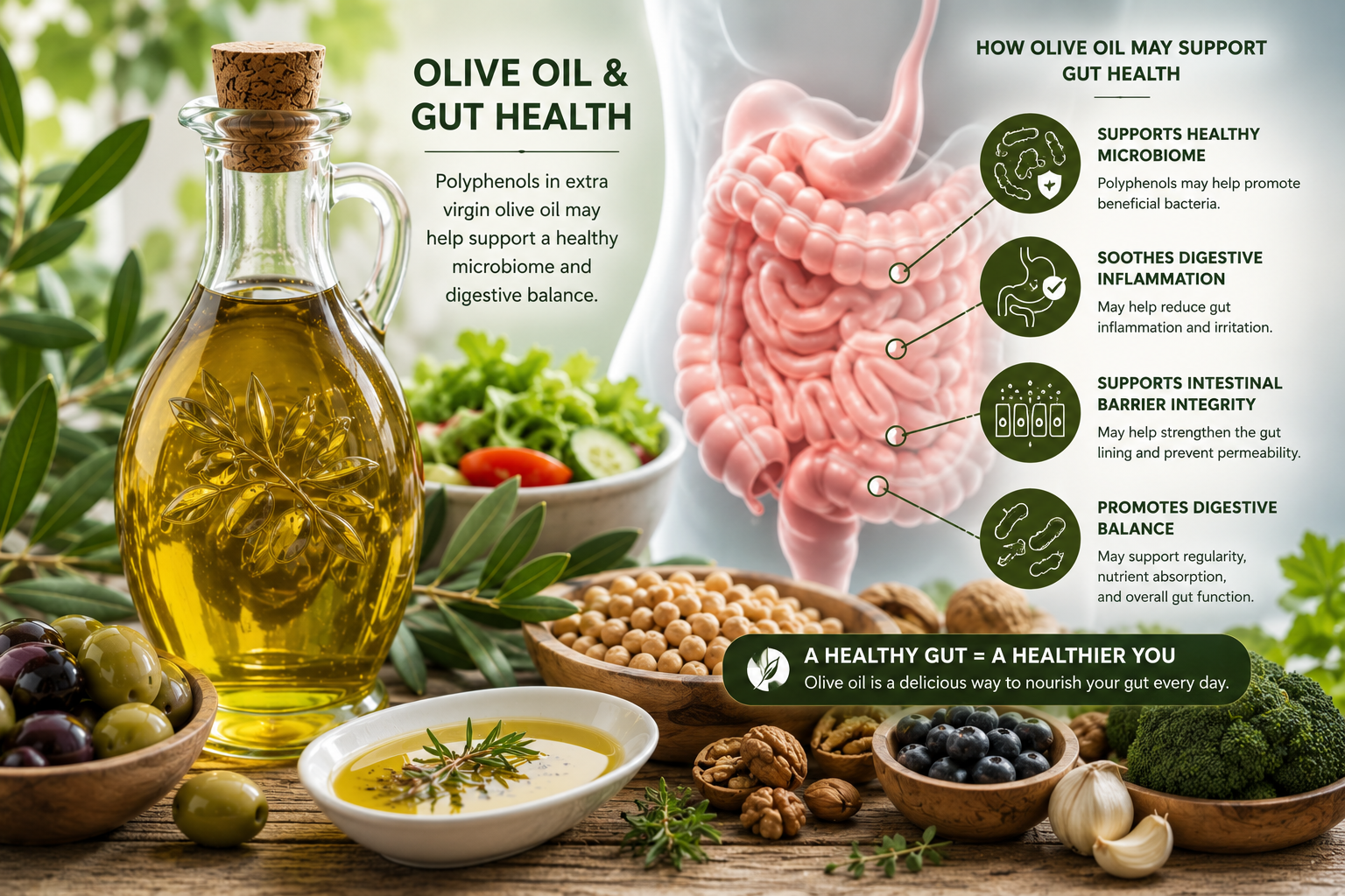 Olive oil and gut microbiome illustration supporting digestive health and inflammation balance