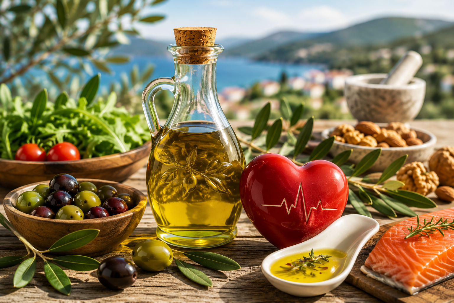 Extra virgin olive oil with heart healthy Mediterranean foods supporting cardiovascular wellness