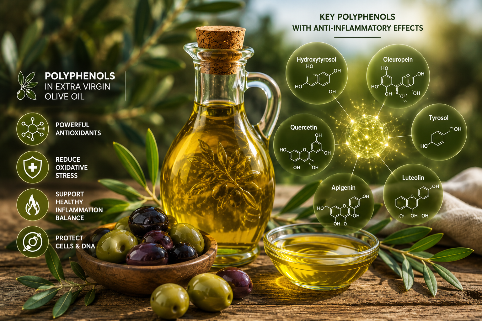 Extra virgin olive oil polyphenols and antioxidant compounds supporting anti inflammatory health