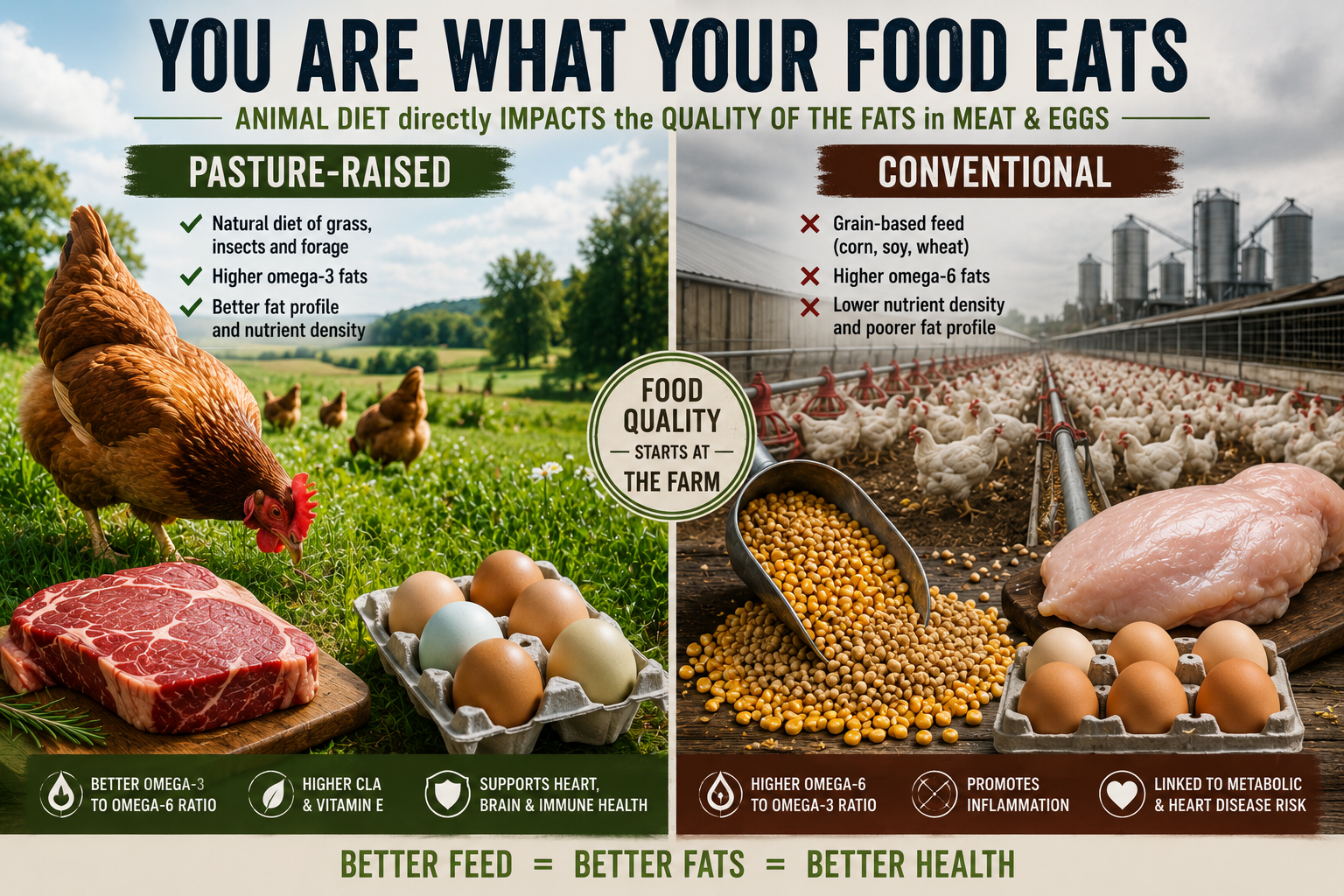 Comparison of pasture-raised versus conventionally fed animals showing differences in fat quality and omega fatty acid balance