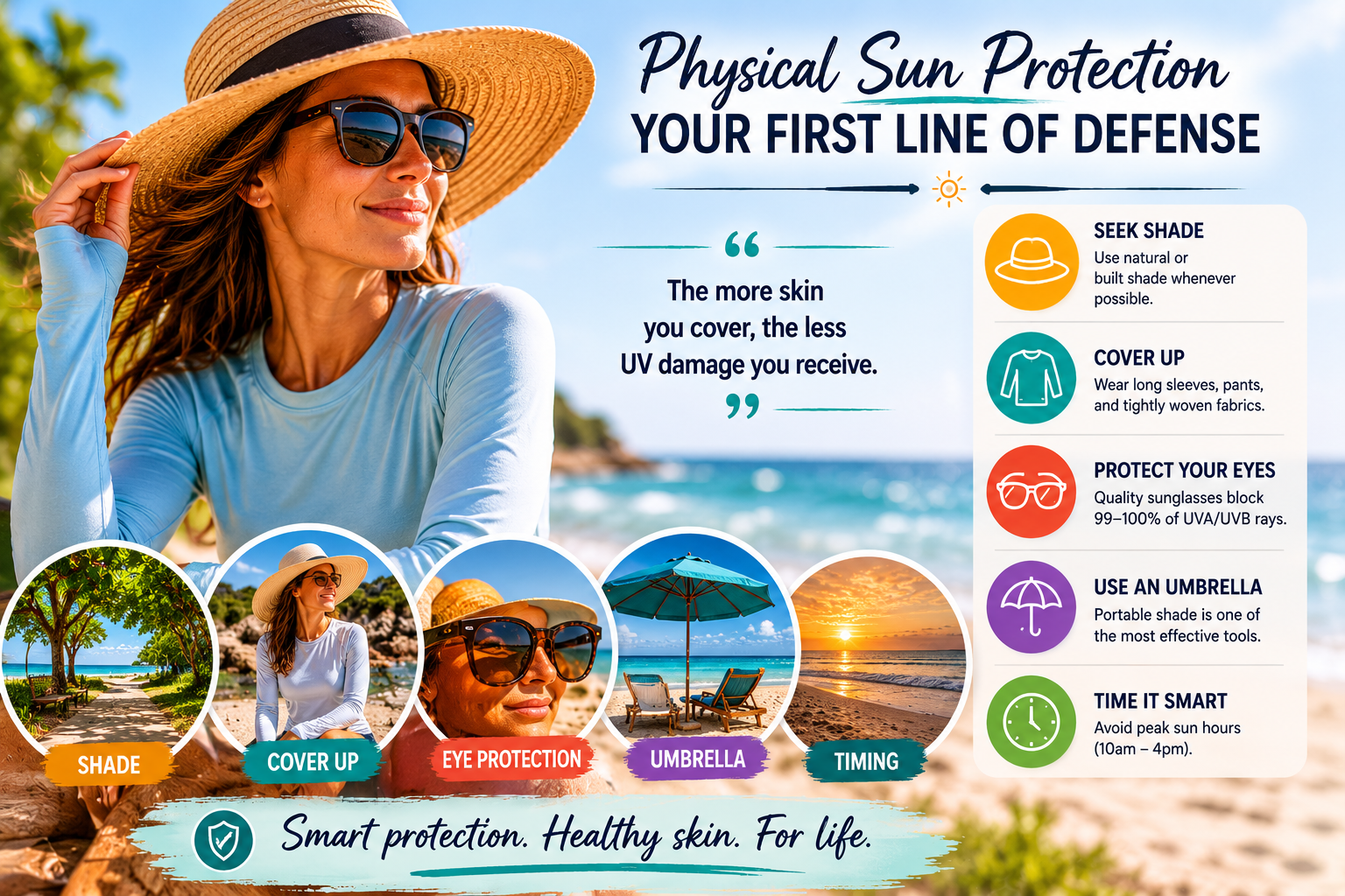 Illustration showing physical sun protection strategies including shade, protective clothing, sunglasses, and umbrellas