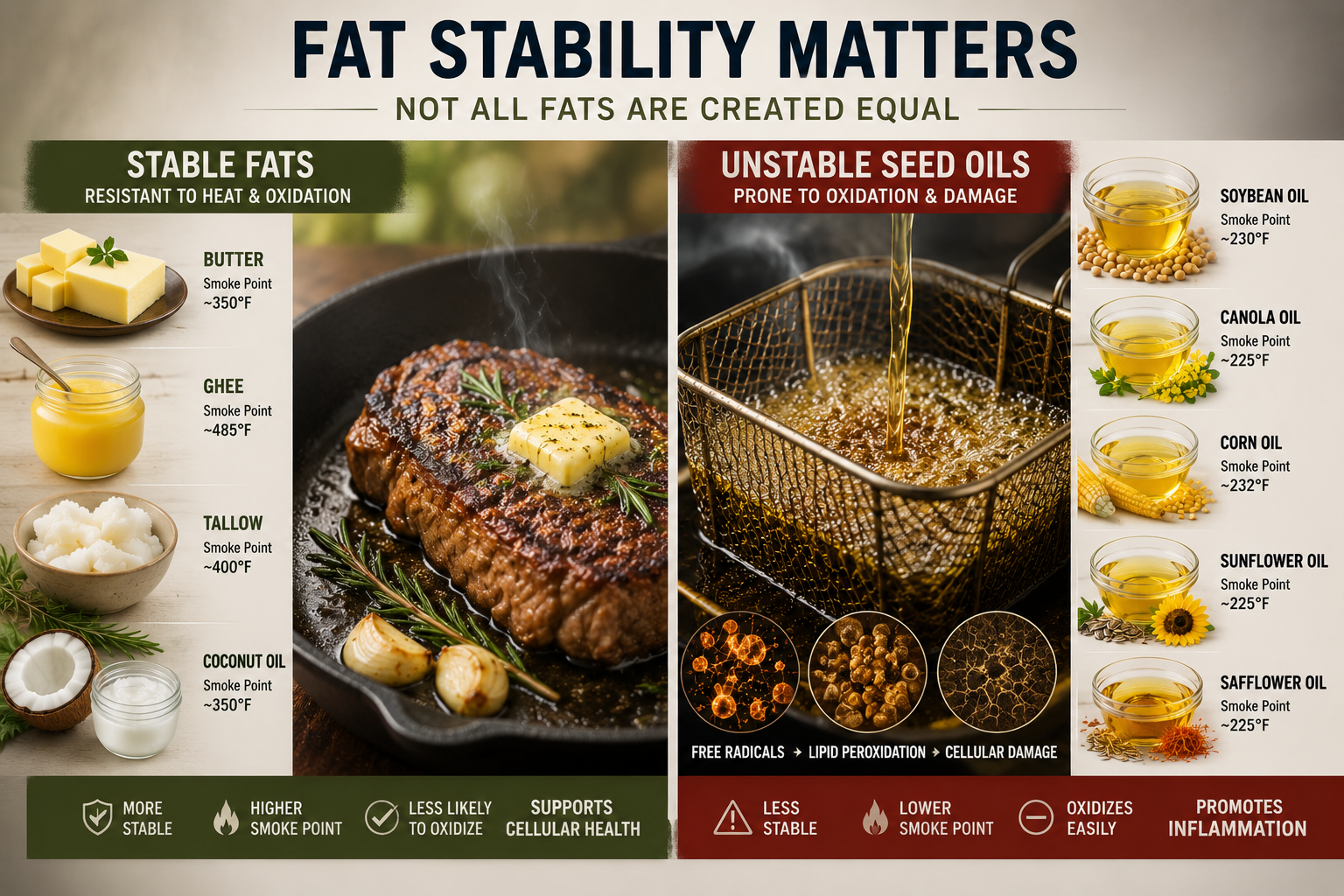 Comparison of stable cooking fats like butter, ghee, tallow, and coconut oil versus unstable oxidized seed oils