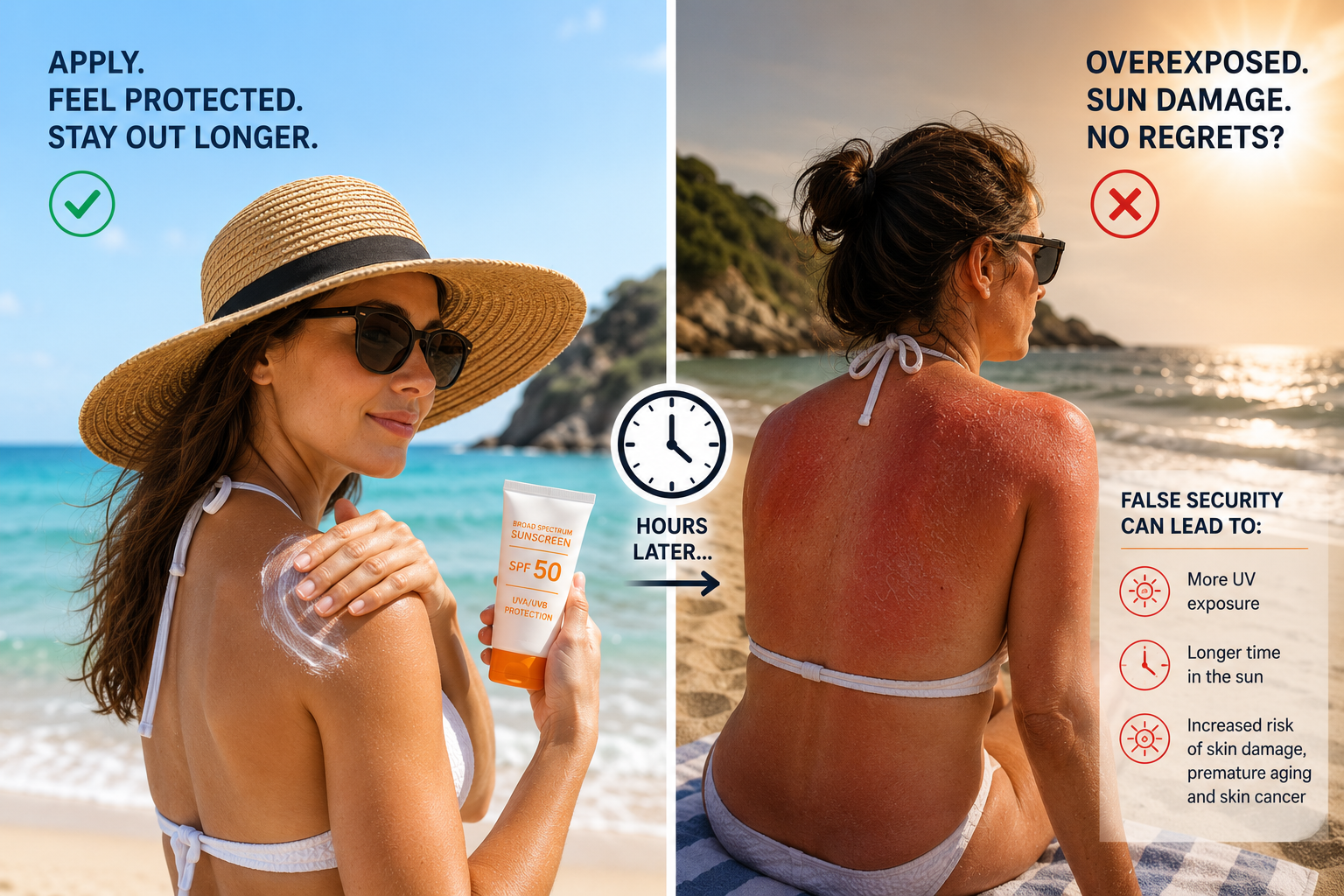 Split visual showing sunscreen application followed by prolonged sun overexposure illustrating false sense of protection